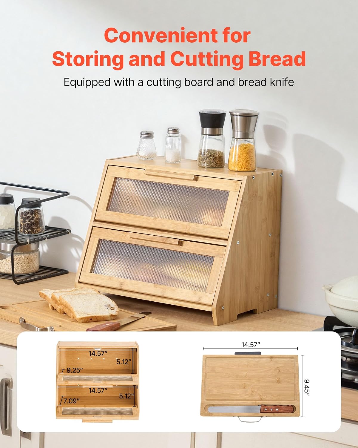 VEVOR Double Layer Bread Box for Kitchen Counter, Large Capacity Bamboo Bread Storage Container, Farmhouse Wooden