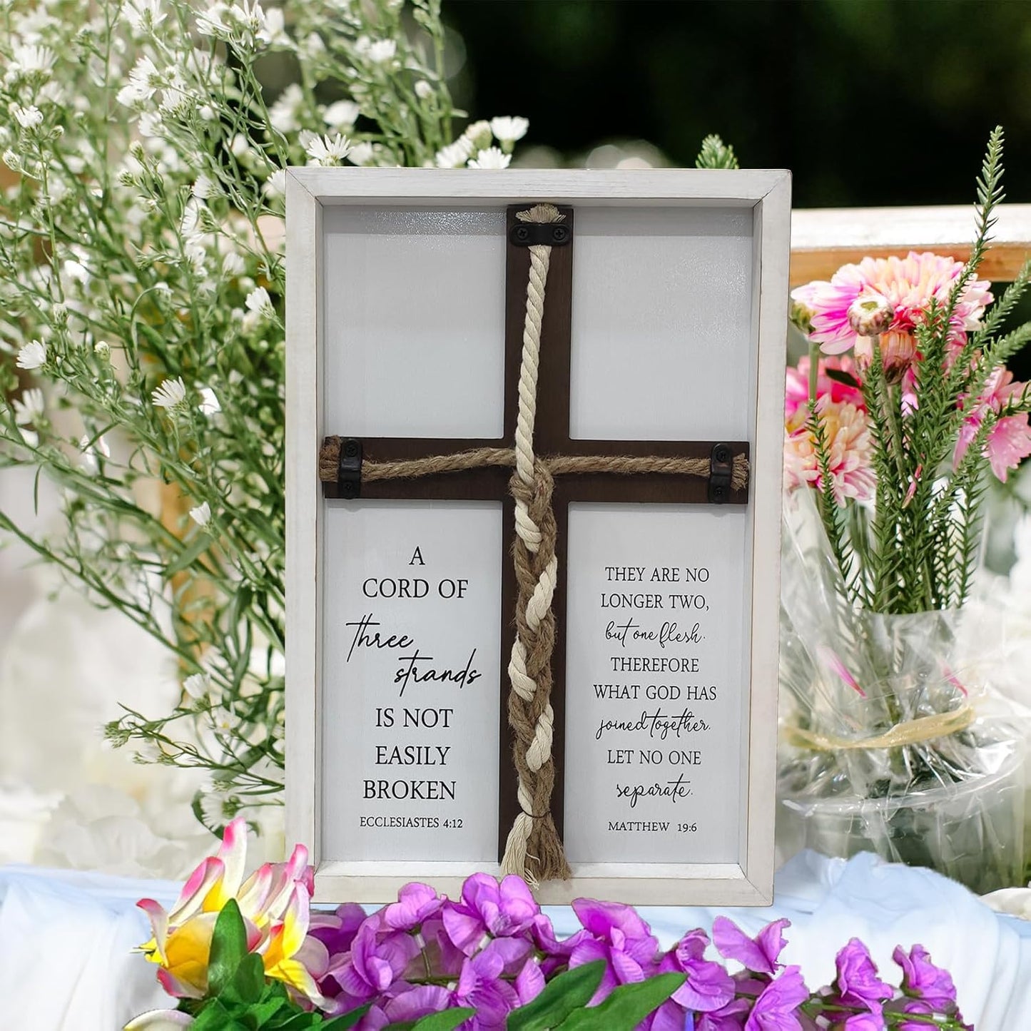A Cord of Three Strands Wedding Ceremony Wall Decor " Sand Unity Knot Braid / White Cross / 15 x 10