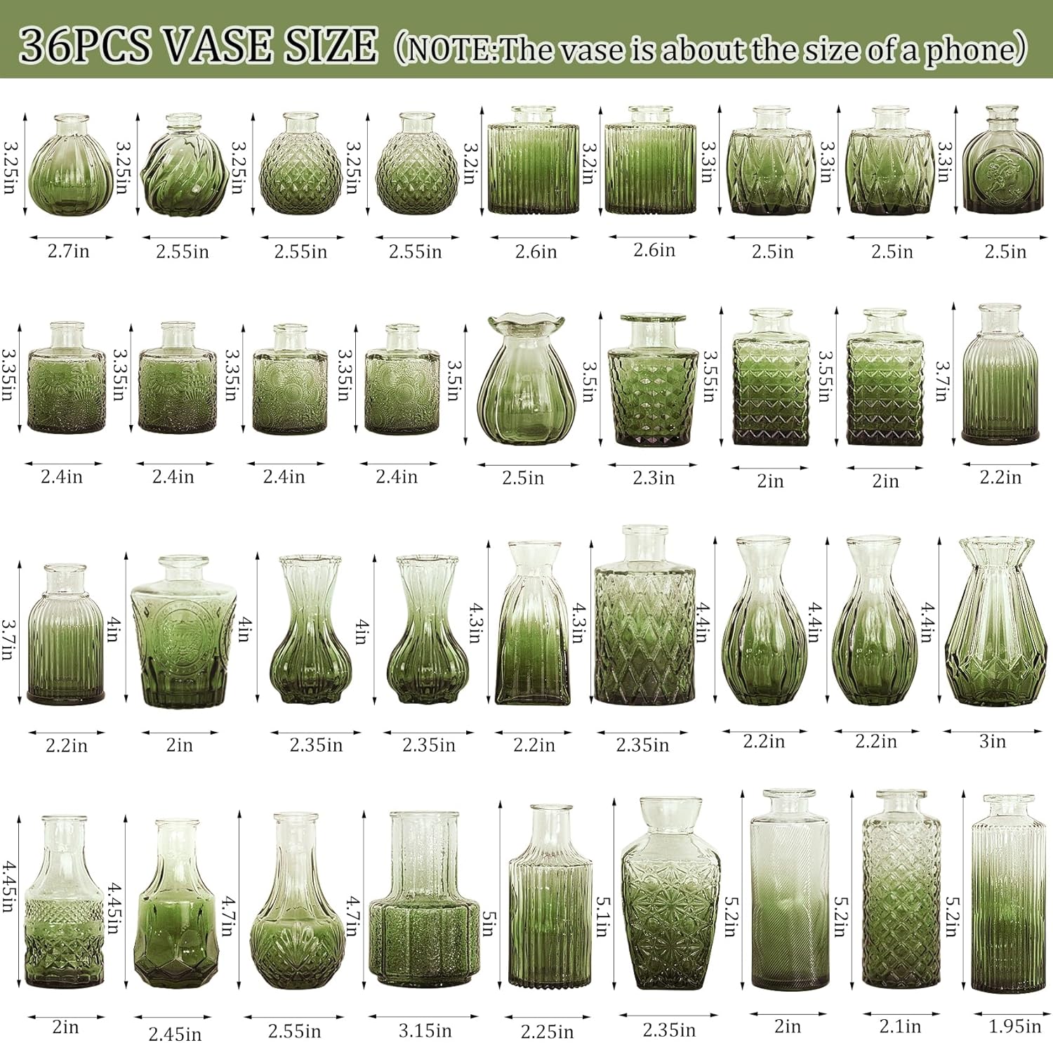Bud Vases Set Small Vintage Glass Bottles Bud Vases in Bulk Multiple Shape Glass / Green / Set of 36