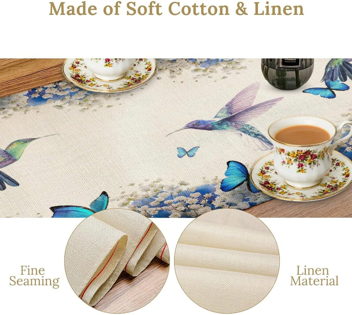 Hummingbird Flower Table Runner, Watercolor Spring Garden Theme Blue Flowers Butterfly Hummingbird Patterns Printed