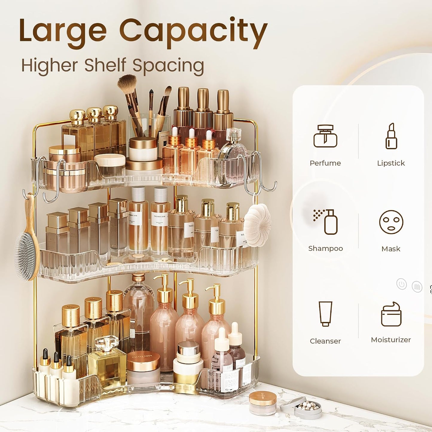 Corner Bathroom Counter Organizer 3-Tier Bathroom Organizer | Storage Countertop with Hooks Perfume Organizers Storage