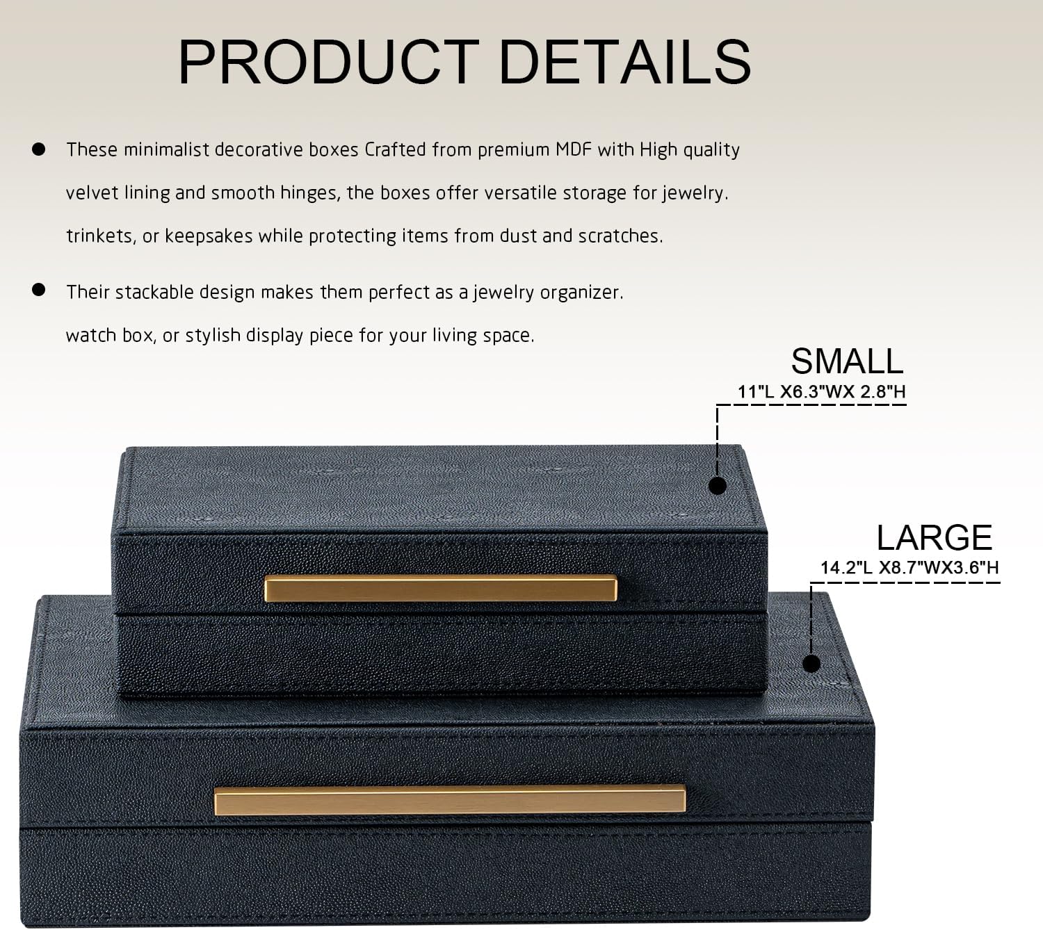 Faux Leather Jewelry Organizer / Black+gold Handles / 14.2 In / Set of 2