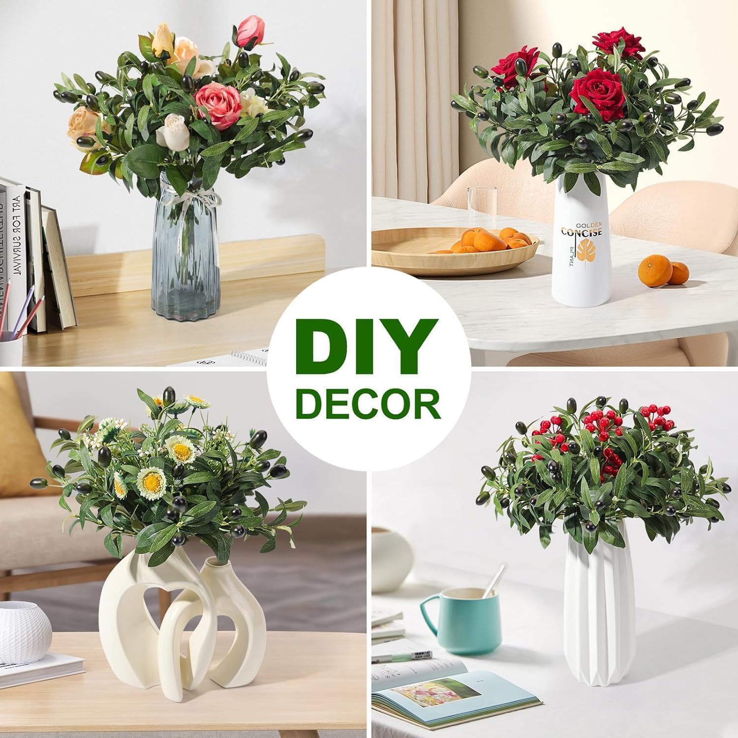 Artificial Olive Branches Faux Olives Plants Greenery Stems / Set of 12