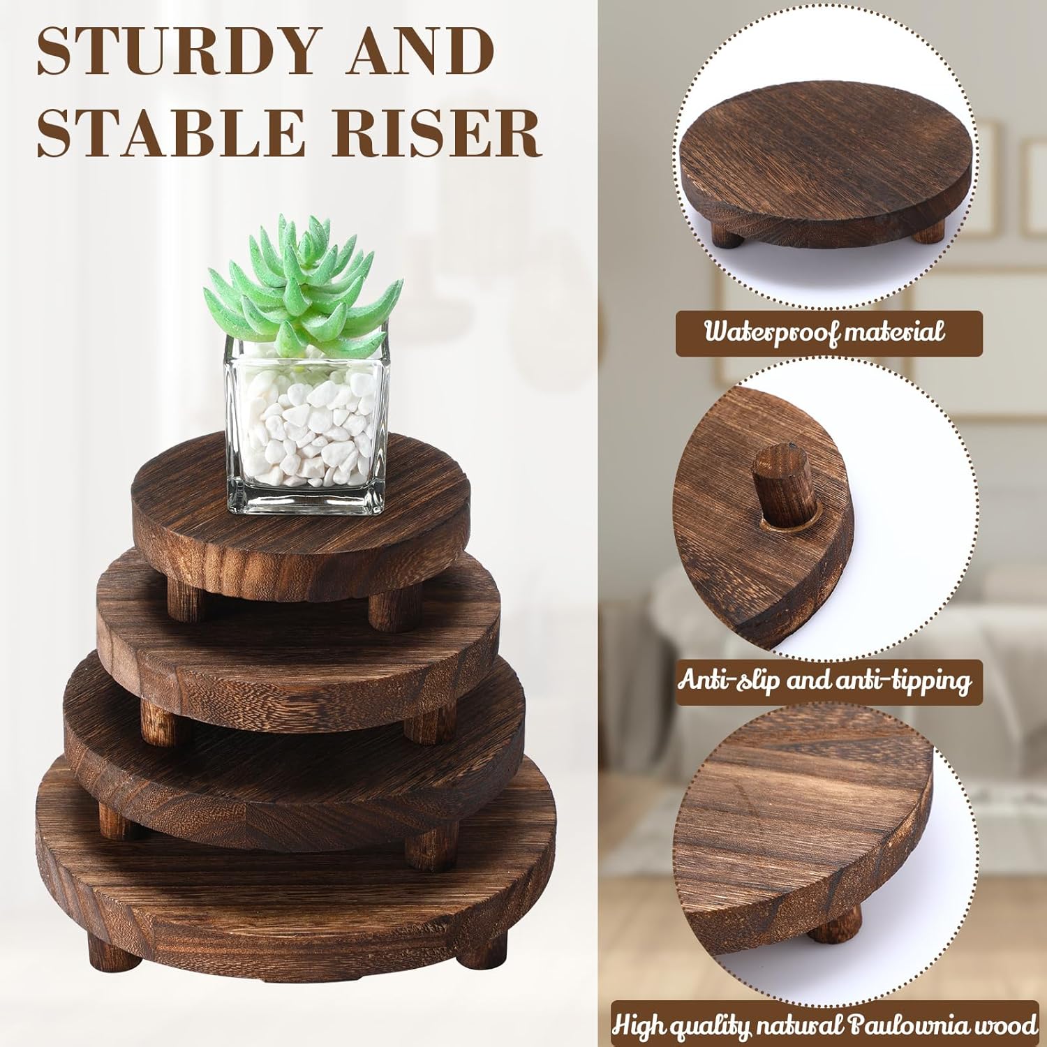 Wooden Risers for Display Wood Pedestal Stand Mini Tray Stand Round Wooden / Brown / Set of 4