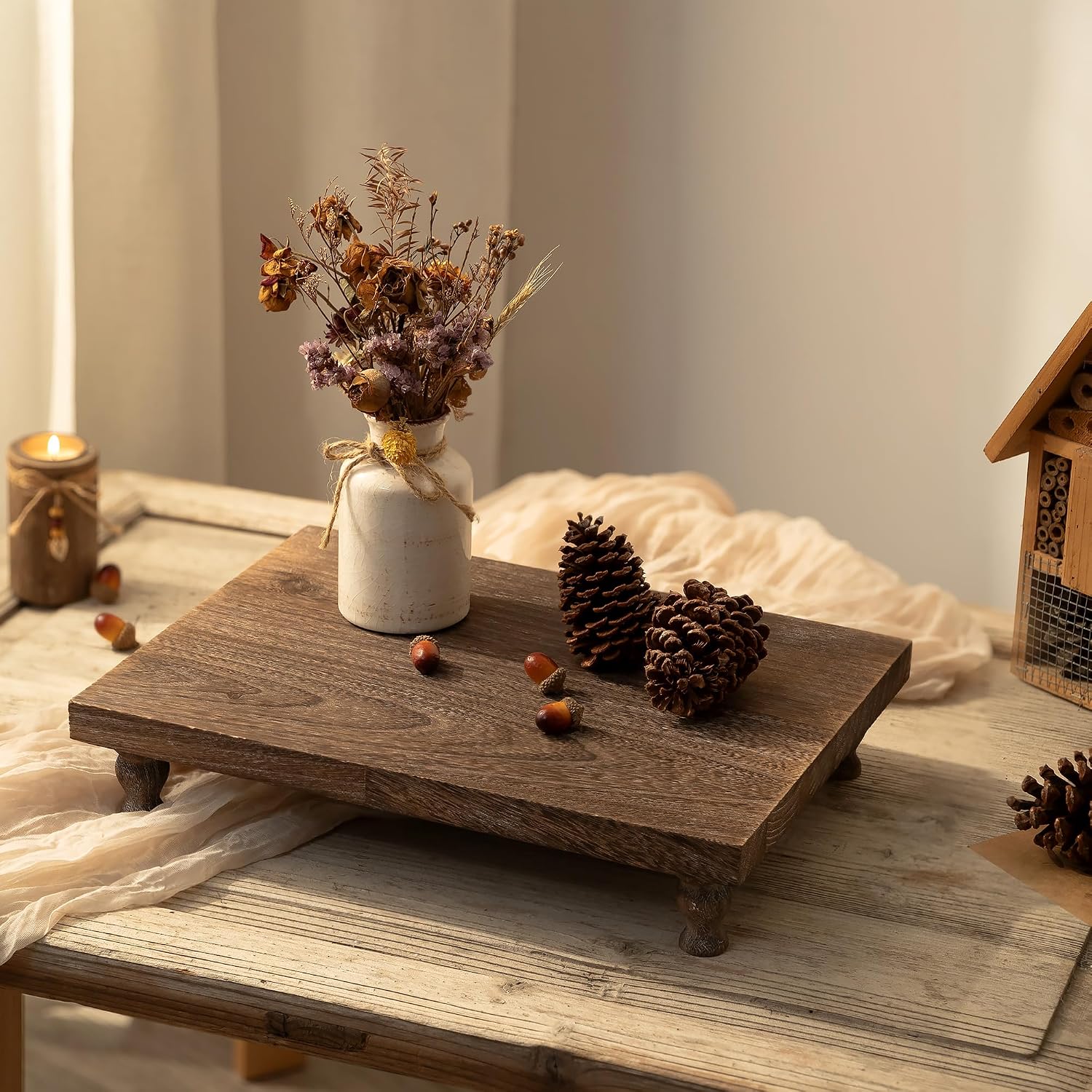 Wooden Riser Decorative Tray / Distressed / Rustic Brown
