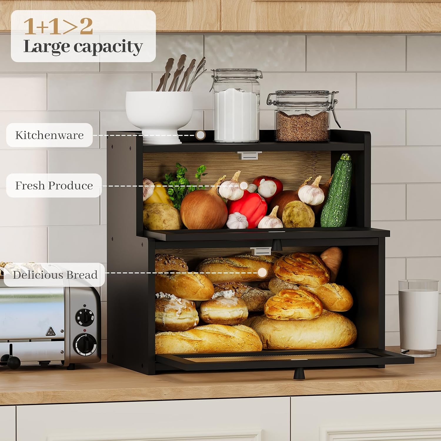 Bread Box for Kitchen Countertop, Large Bamboo Bread Storage Container with Double Layer, Bread Holder for Homemade