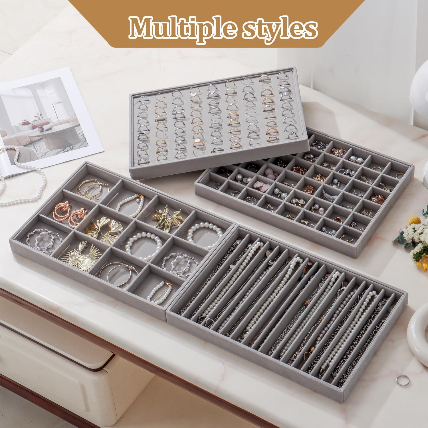 Large Velvet Jewelry Tray Stackable Jewelry Display Drawer Inserts / Gray / 16 Grids / Set of 2