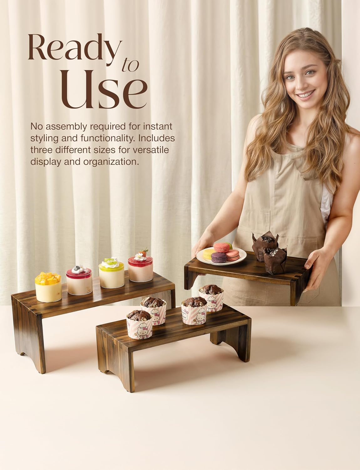 Tidita Wooden 3 Tier Cupcake Stand with Non-Slip Pads (Walnut Color) | Set of 3 Size ,Solid Acacia Wood, No Assembly