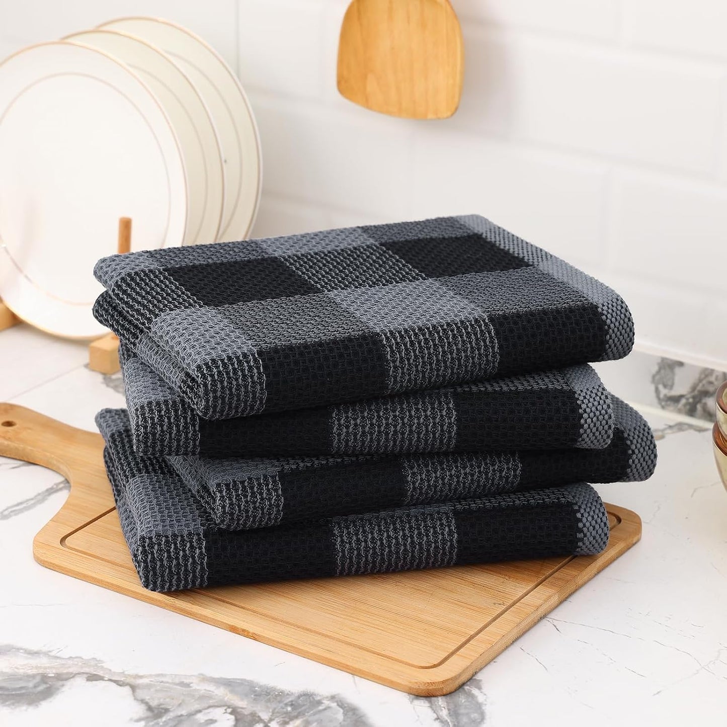 Mordimy 100% Cotton Waffle Weave Kitchen Towels, 20 x 28 Inches, Super Soft and Absorbent Buffalo Check Large Dish