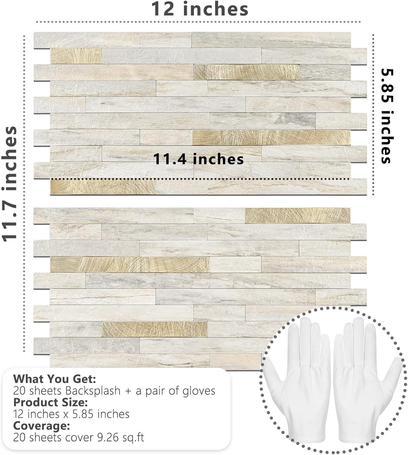 20 Sheets Peel and Stick Backsplash Tile / Sunny Beige + Metal Gold / Set of 20