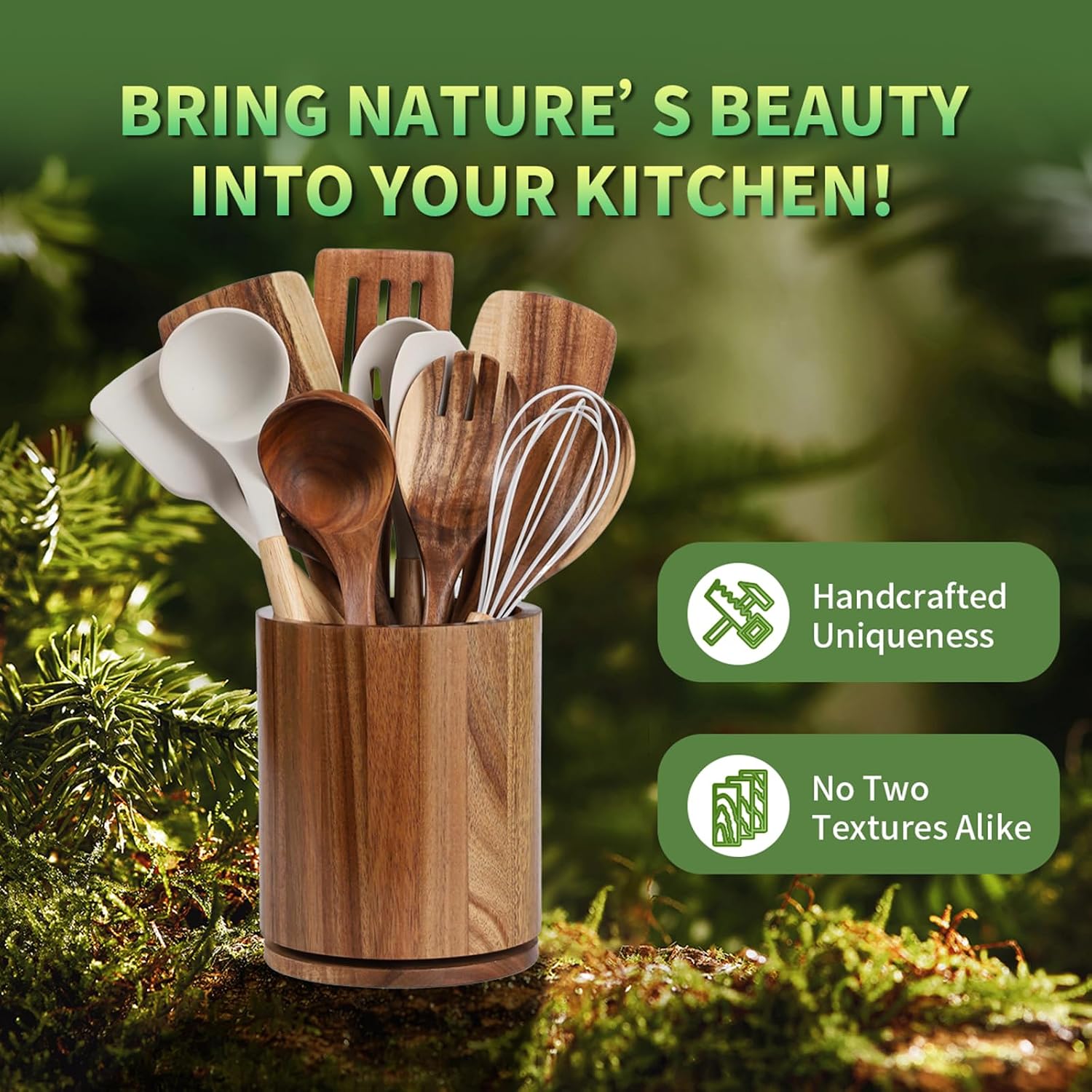 Acacia Wood Utensil Holder, 360° Rotating 7.3 in Kitchen Organizer | Rustic farmhouse countertop decor. Rotating base