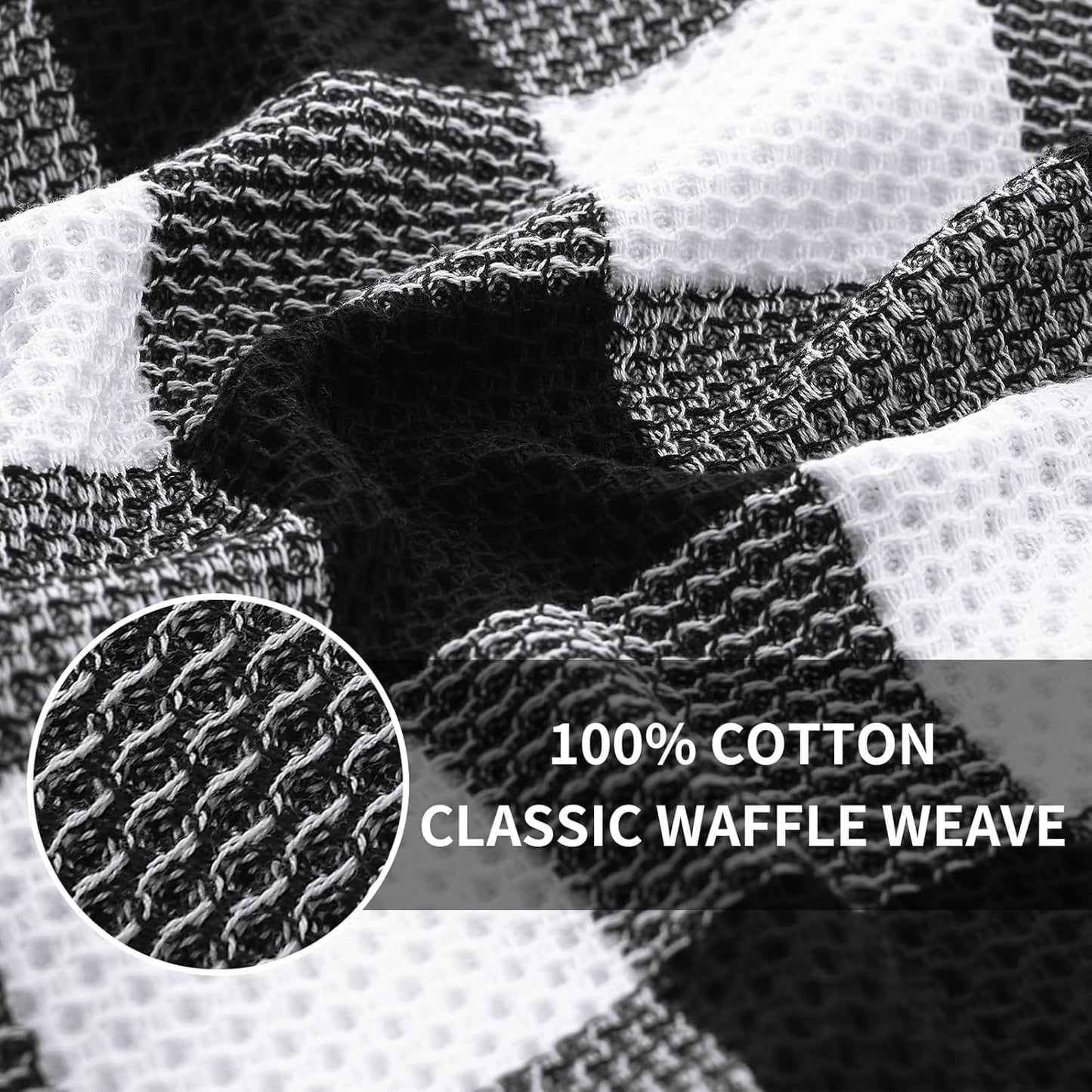 Homaxy Cotton Plaid 12 Pack Kitchen Towels, 13" x 28", White & Black | Waffle Weave, Plaid, Super Soft and Absorbent