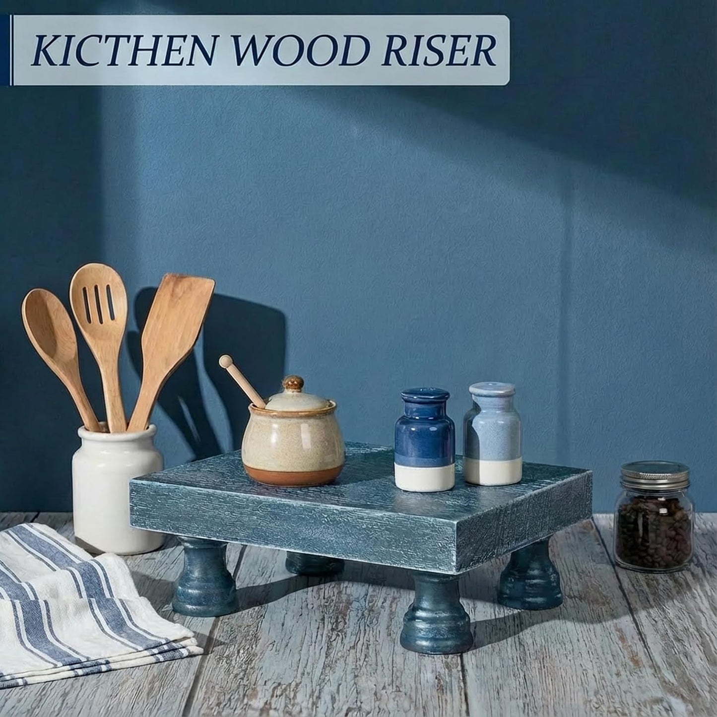 EOSAHR Square Wood Riser Display Stand for Dusty Blue Bathroom Decor, Blue | 8.5" Display Riser, Plant Stand, Perfume