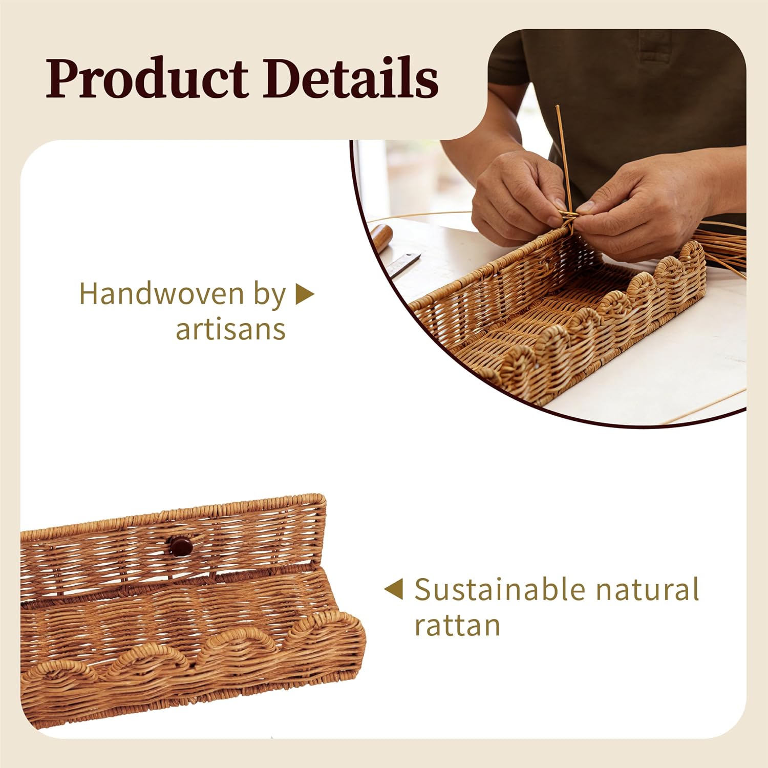 Natural Rattan Scalloped Floating Shelves / Brown