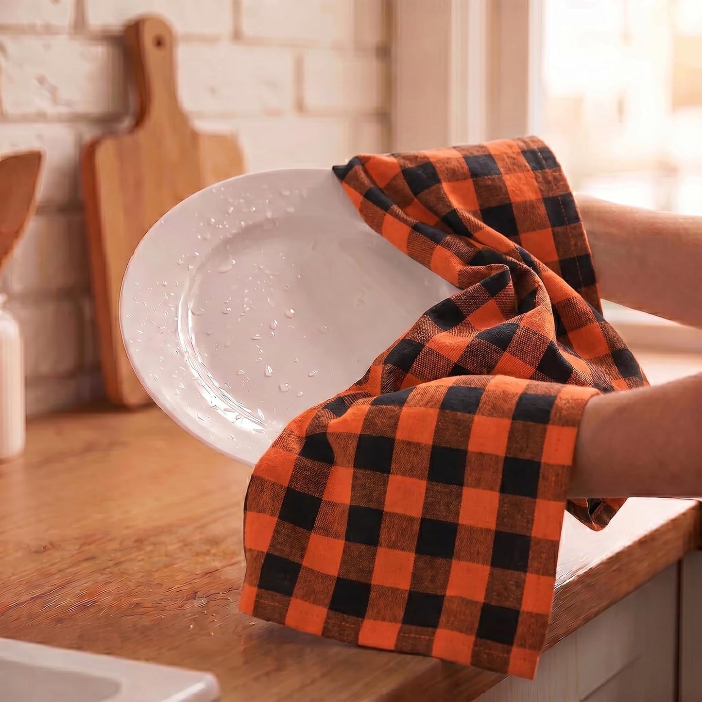 Urban Villa Kitchen Towels Cotton Dish Towels 20”x30” (Set of 6) Orange Blk