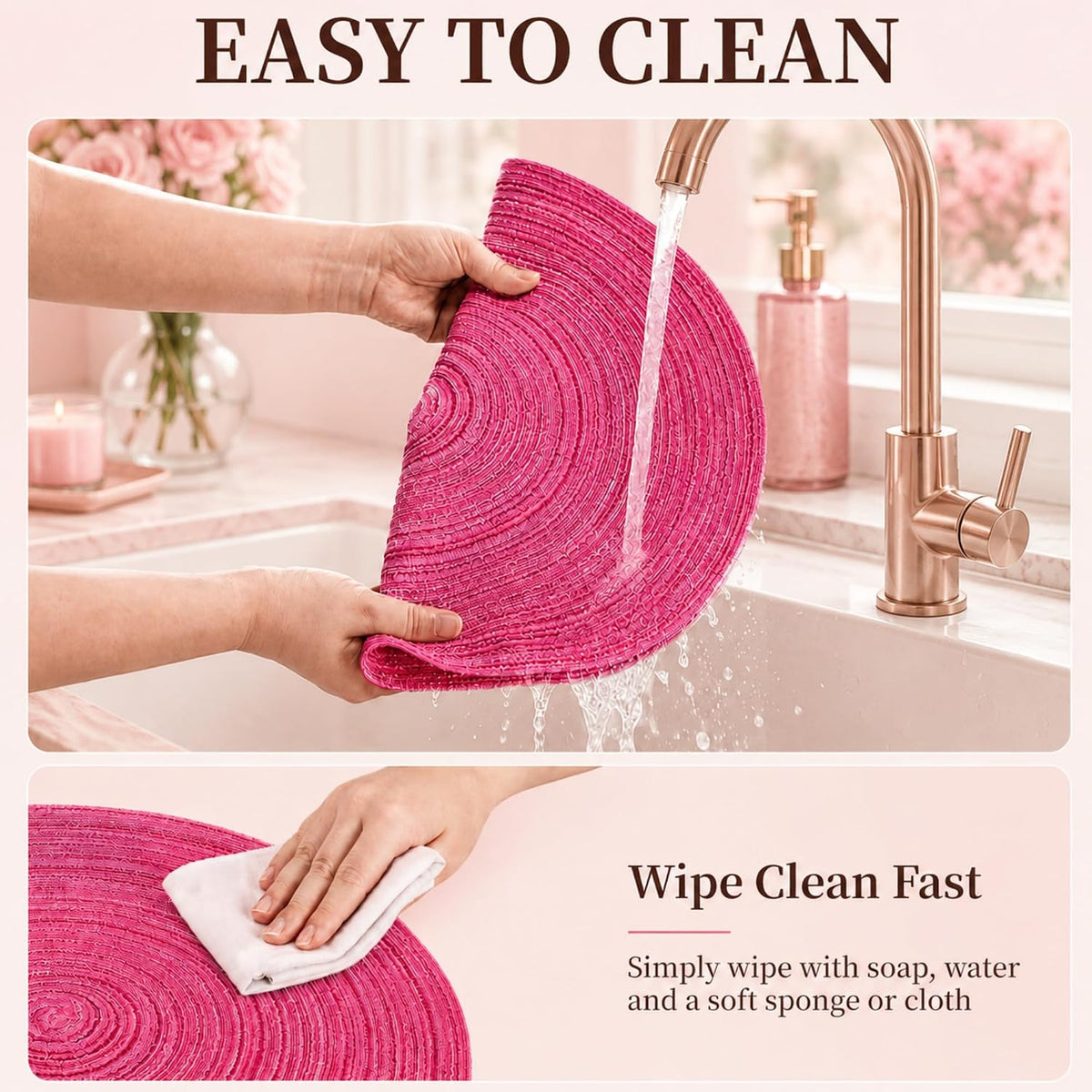 TaroKitc 15 in Round Placemats Set of 8, Washable Woven Placemats Heat Resistant Cotton Polyester Braided Table Mat