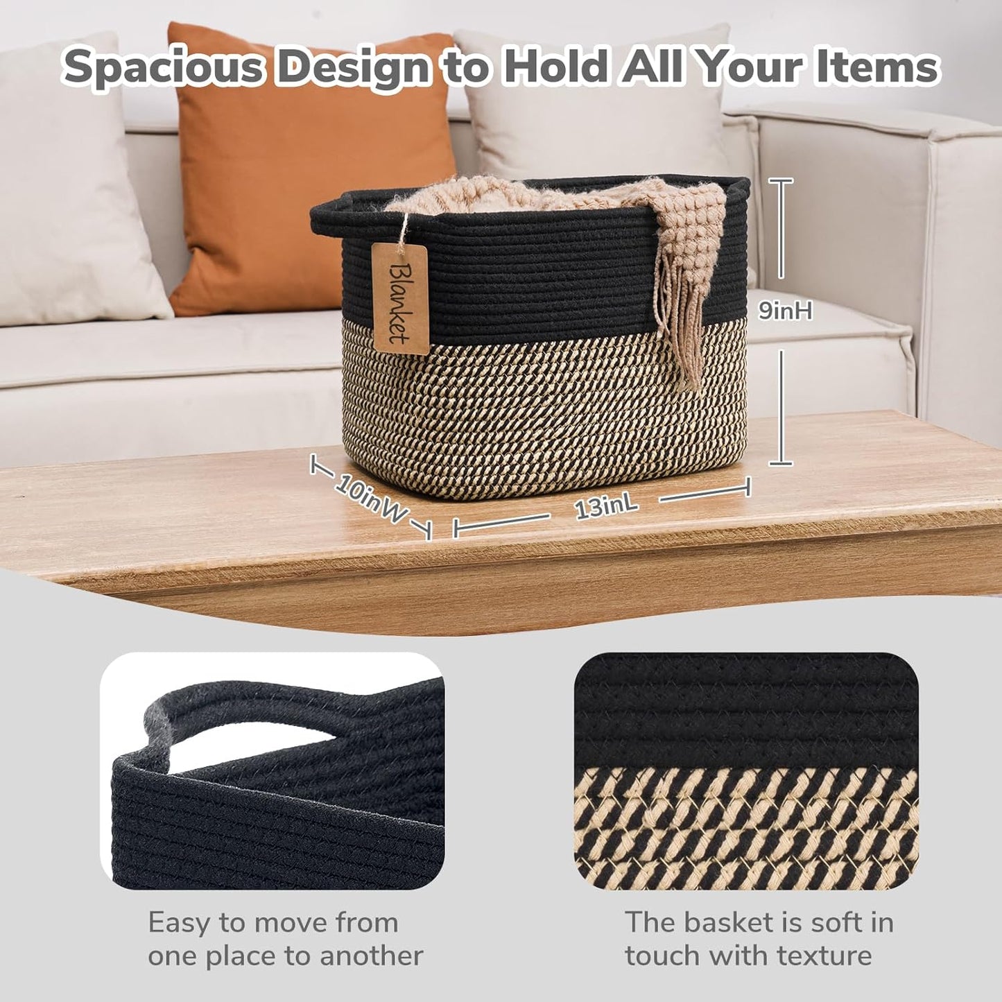 Woven Storage Basket / Black Jute / 13"L x 10"W x 9"H