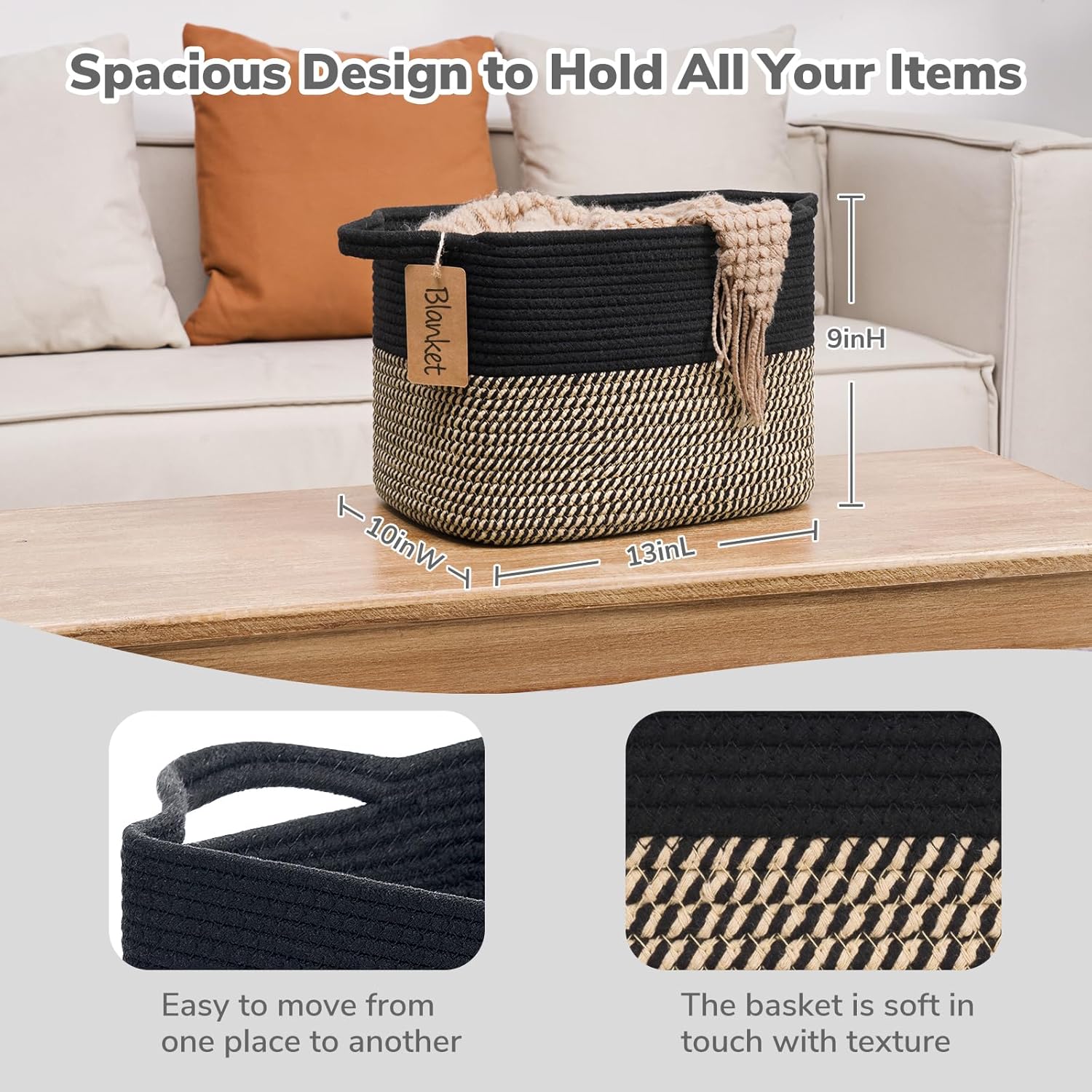 Woven Storage Basket / Black Jute / 13"L x 10"W x 9"H