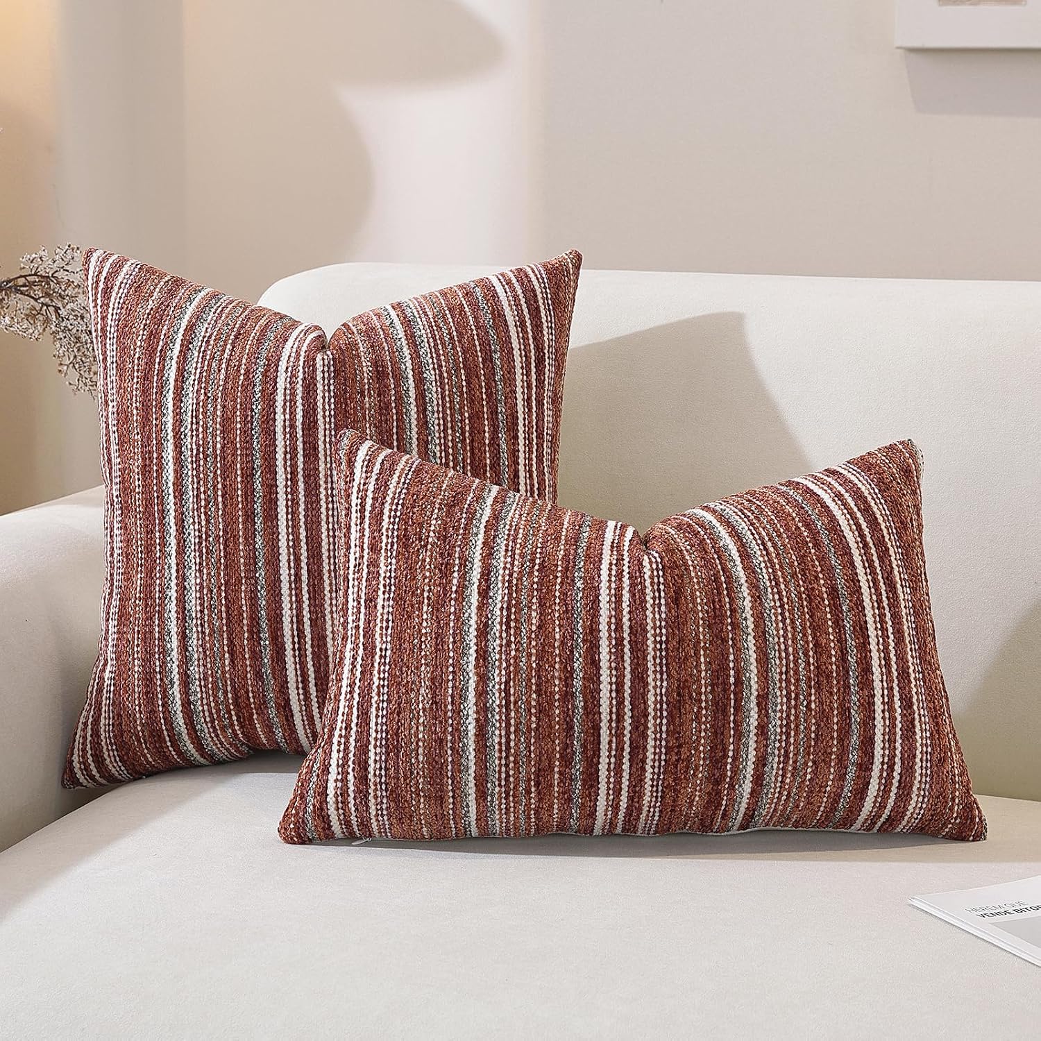 Chenille Red Striped Pillow Case / Wine Red Stripe / 20 x 12 / Set of 2