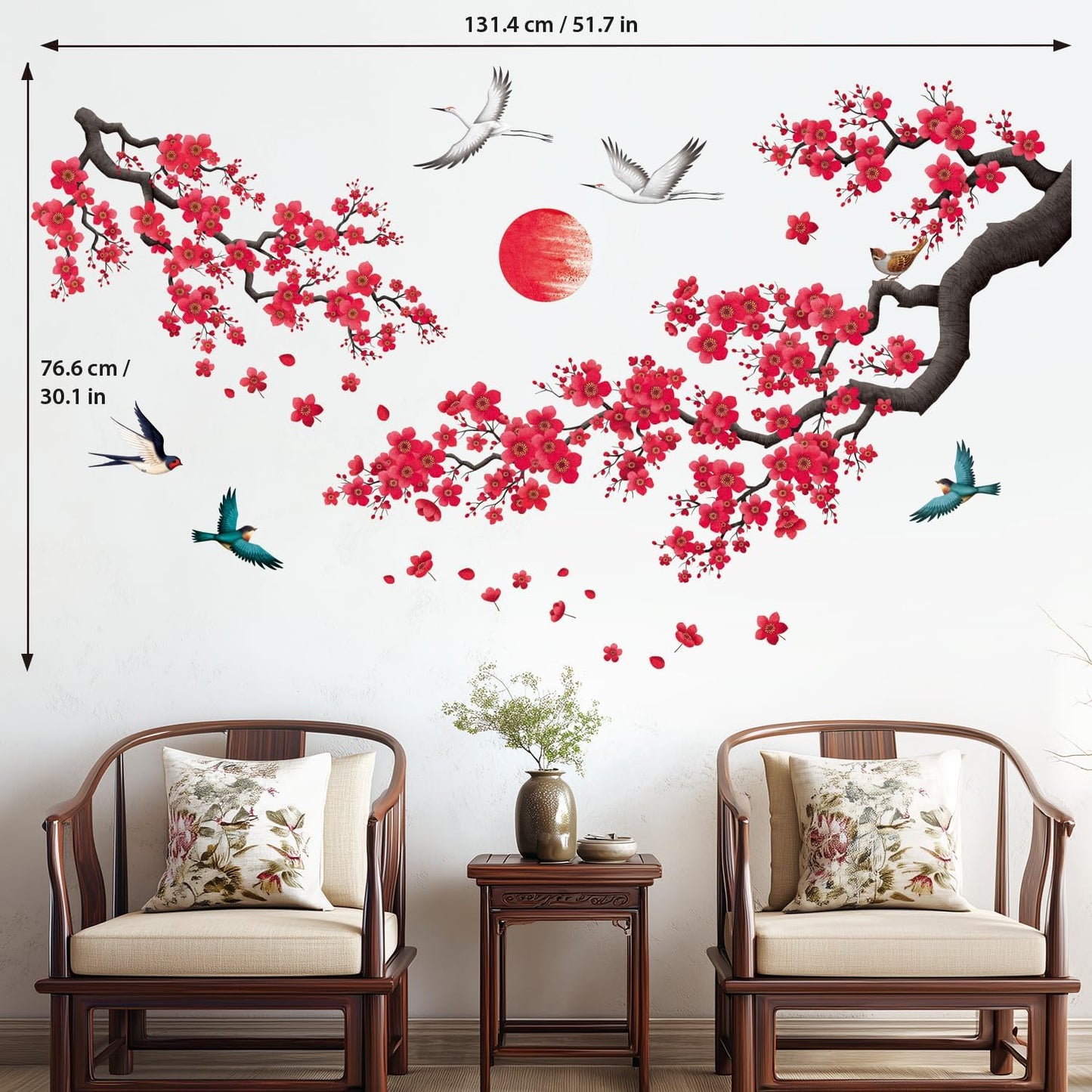 Cherry Blossom Branch Wall Decals / Red Watercolor Floral