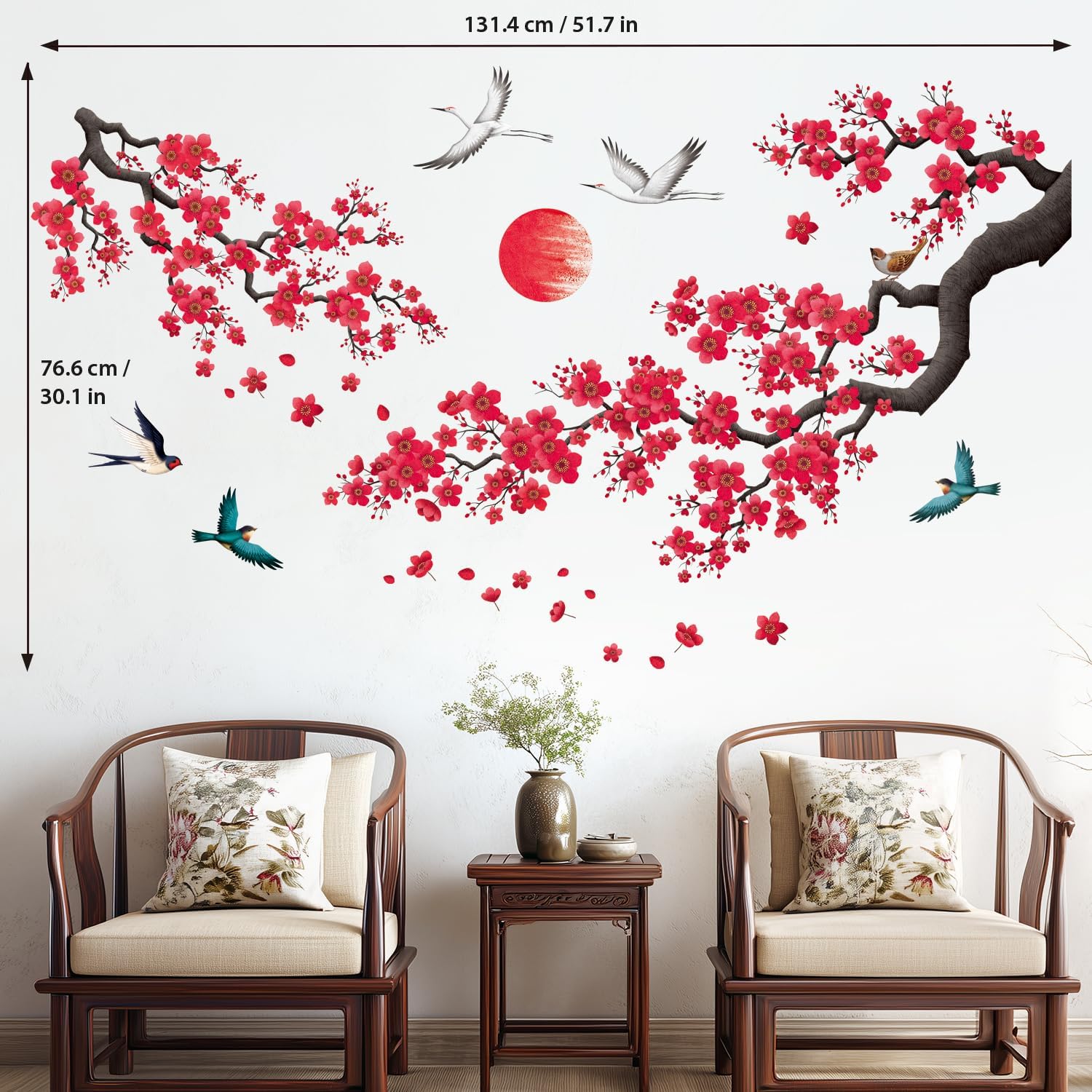 Cherry Blossom Branch Wall Decals / Red Watercolor Floral