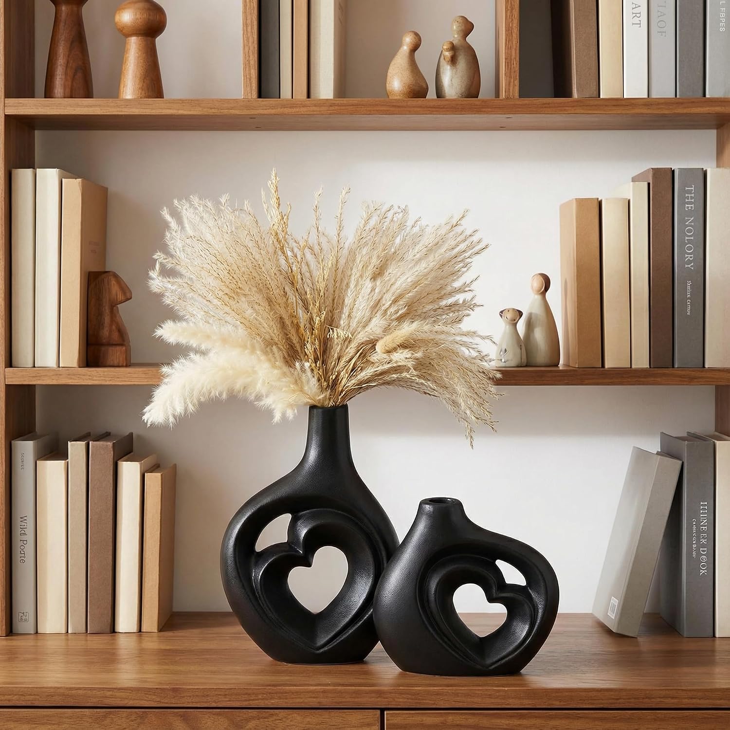 Matte Black Heart Shaped Hollow Ceramic Vase / Black-01 / Set of 2