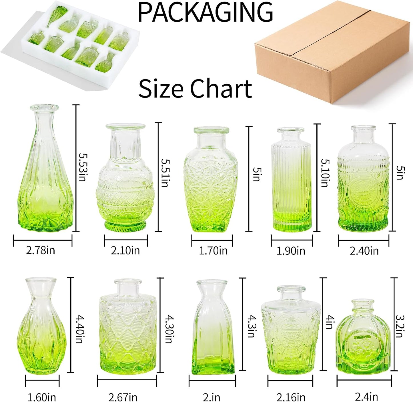 Vintage Small Glass Vases / Olive Green / Set of 10