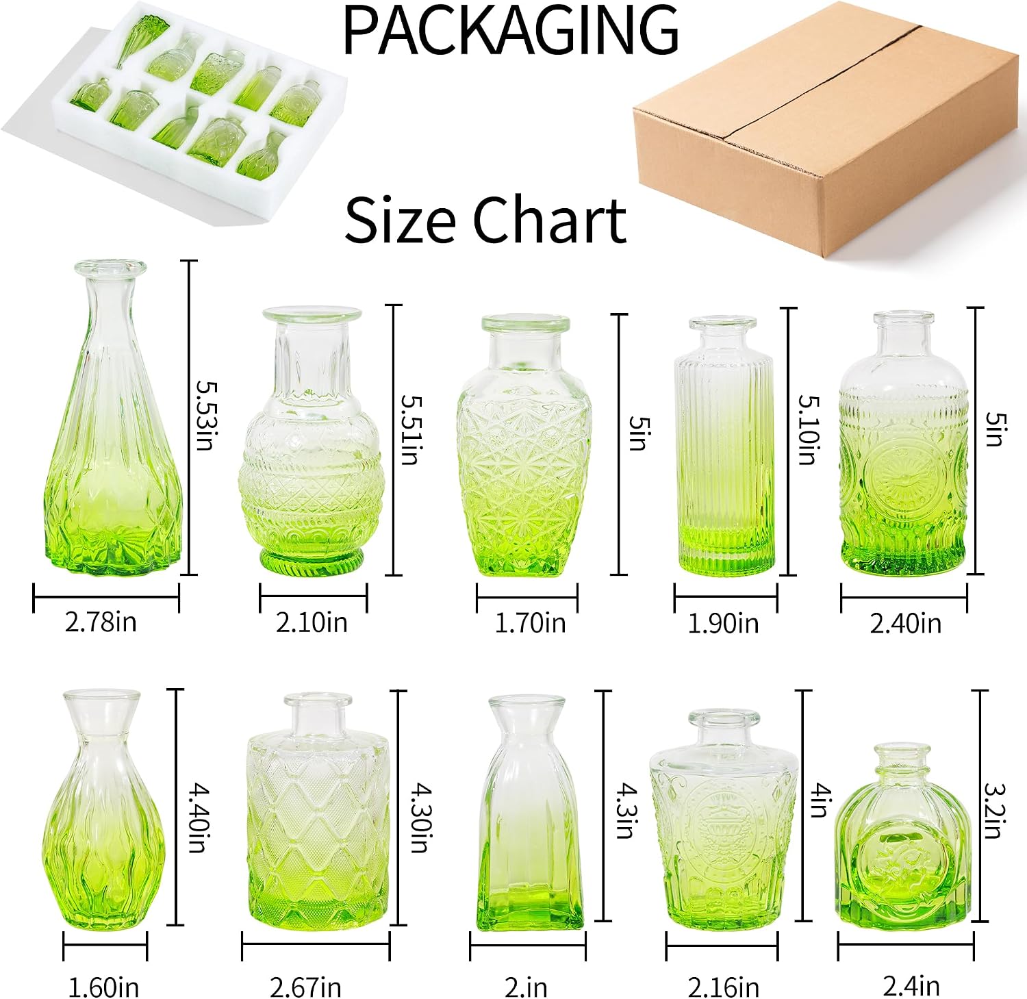 Vintage Small Glass Vases / Olive Green / Set of 10