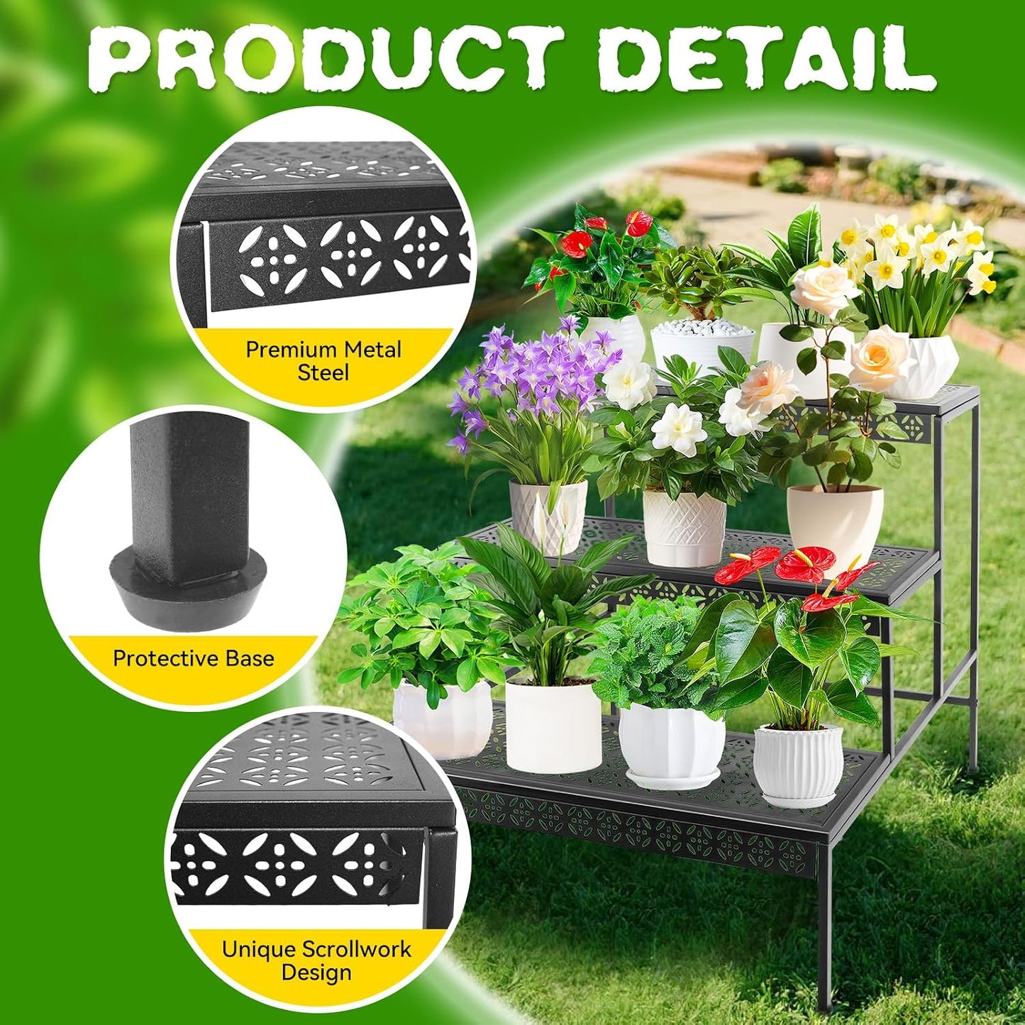 3 Tier Metal Plant Stand, Ladder Flower Pot Holder Plant Stands | Sturdy Tiered Plant Stand with Decorative Pattern