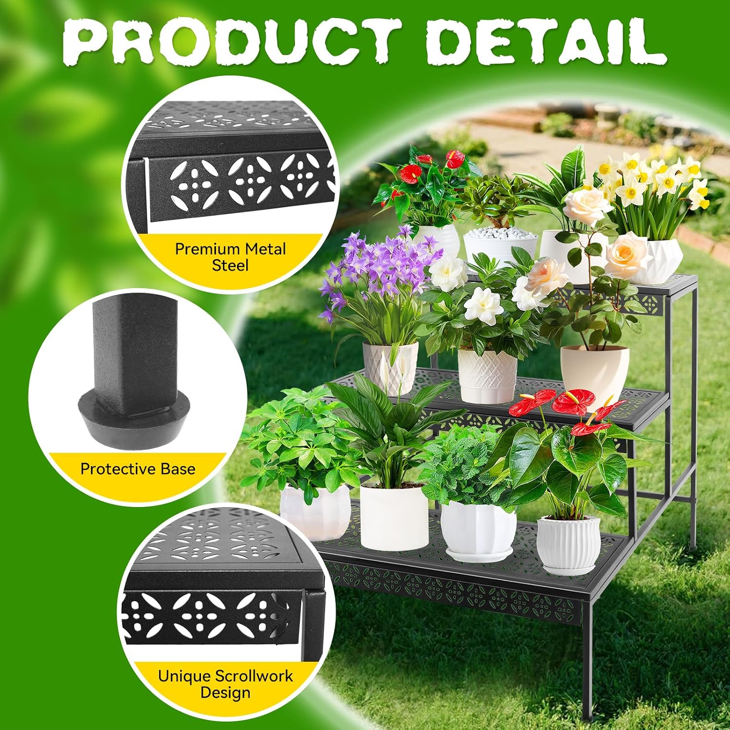 3 Tier Metal Plant Stand, Ladder Flower Pot Holder Plant Stands | Sturdy Tiered Plant Stand with Decorative Pattern