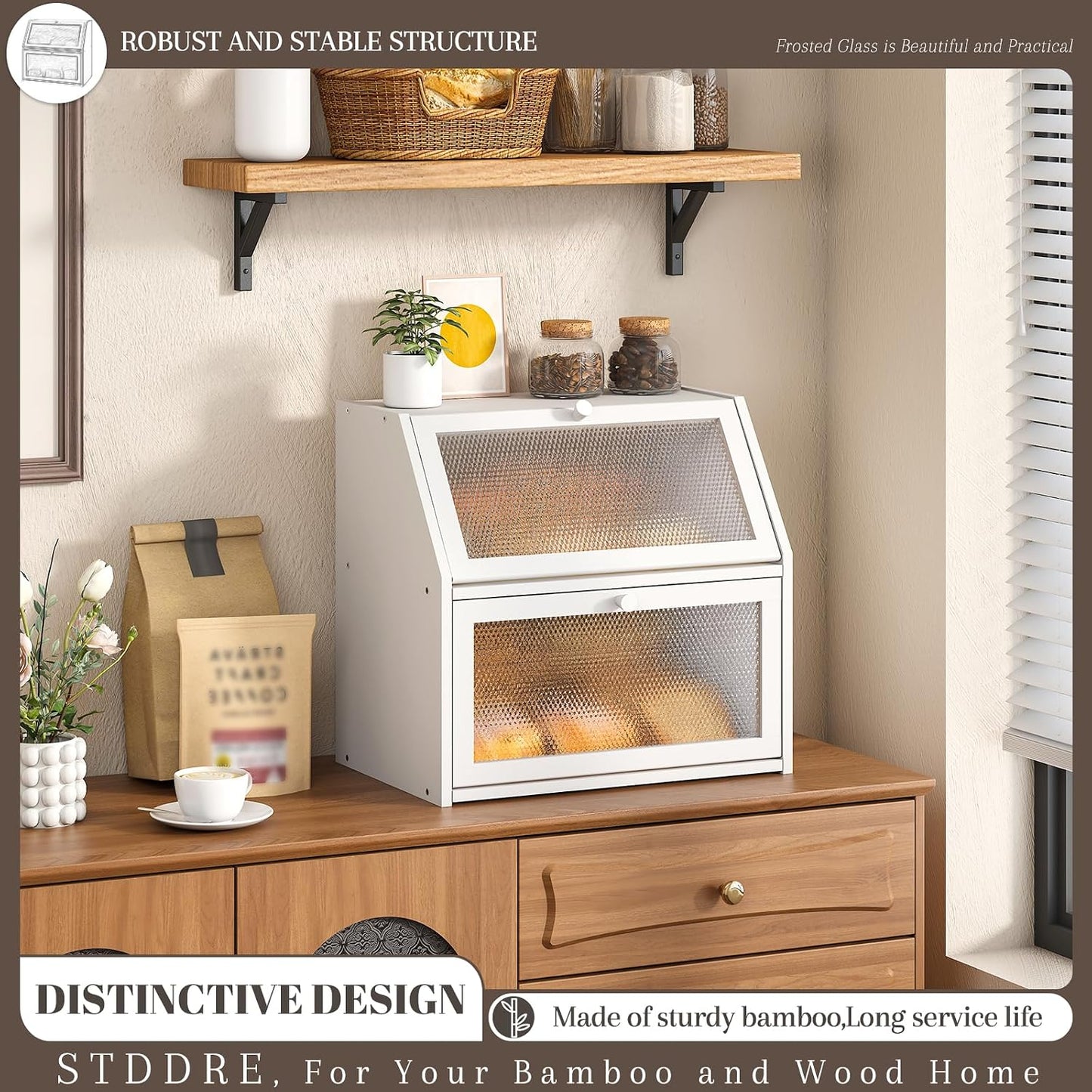 STDDRE Bread Box for Kitchen Countertop Bin Double Layer Bread Box Storage Container Extra Large Capacity with Diamond