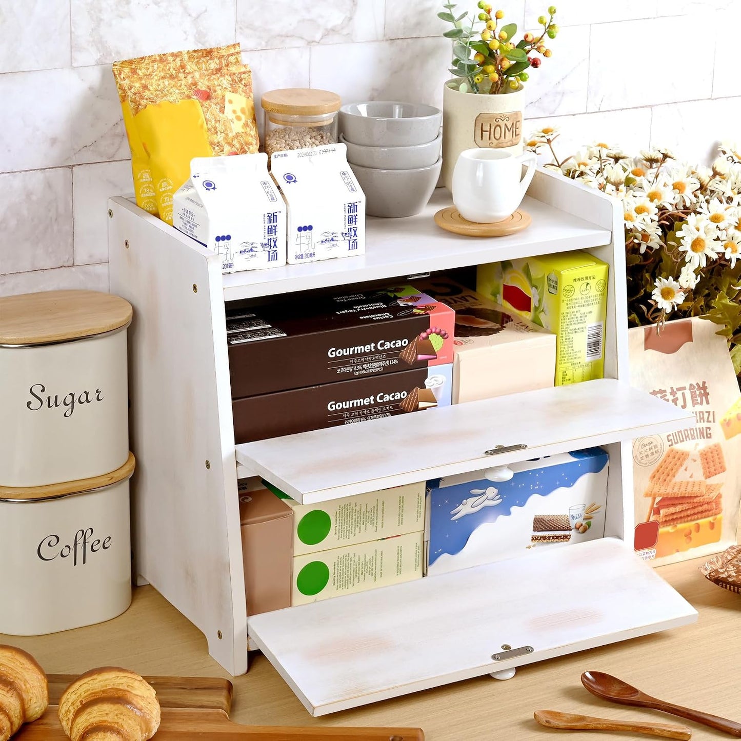 Bamboo Corner Bread Box for Kitchen Countertop 2-Tier White | Farmhouse Bread Storage Container, Large Pantry