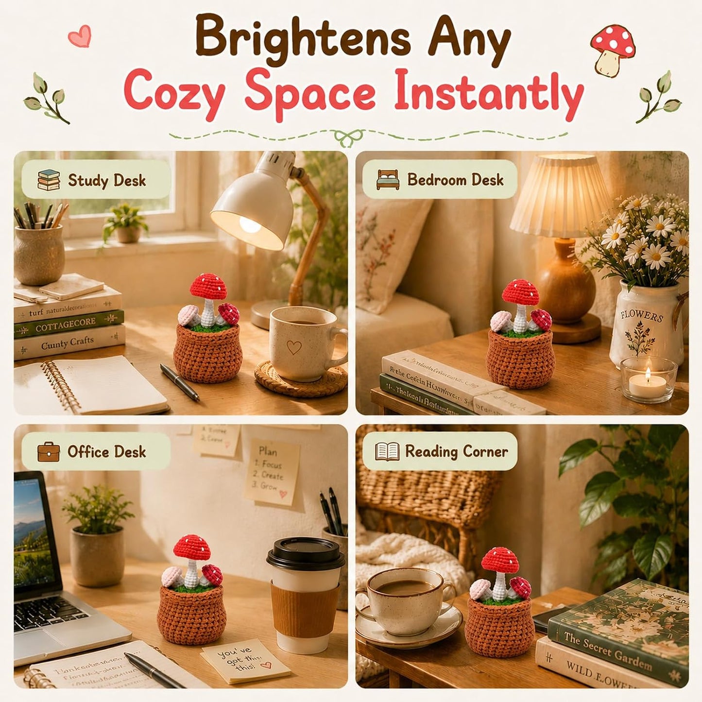 Crochet Plant in Pot / Mushroom / Pink