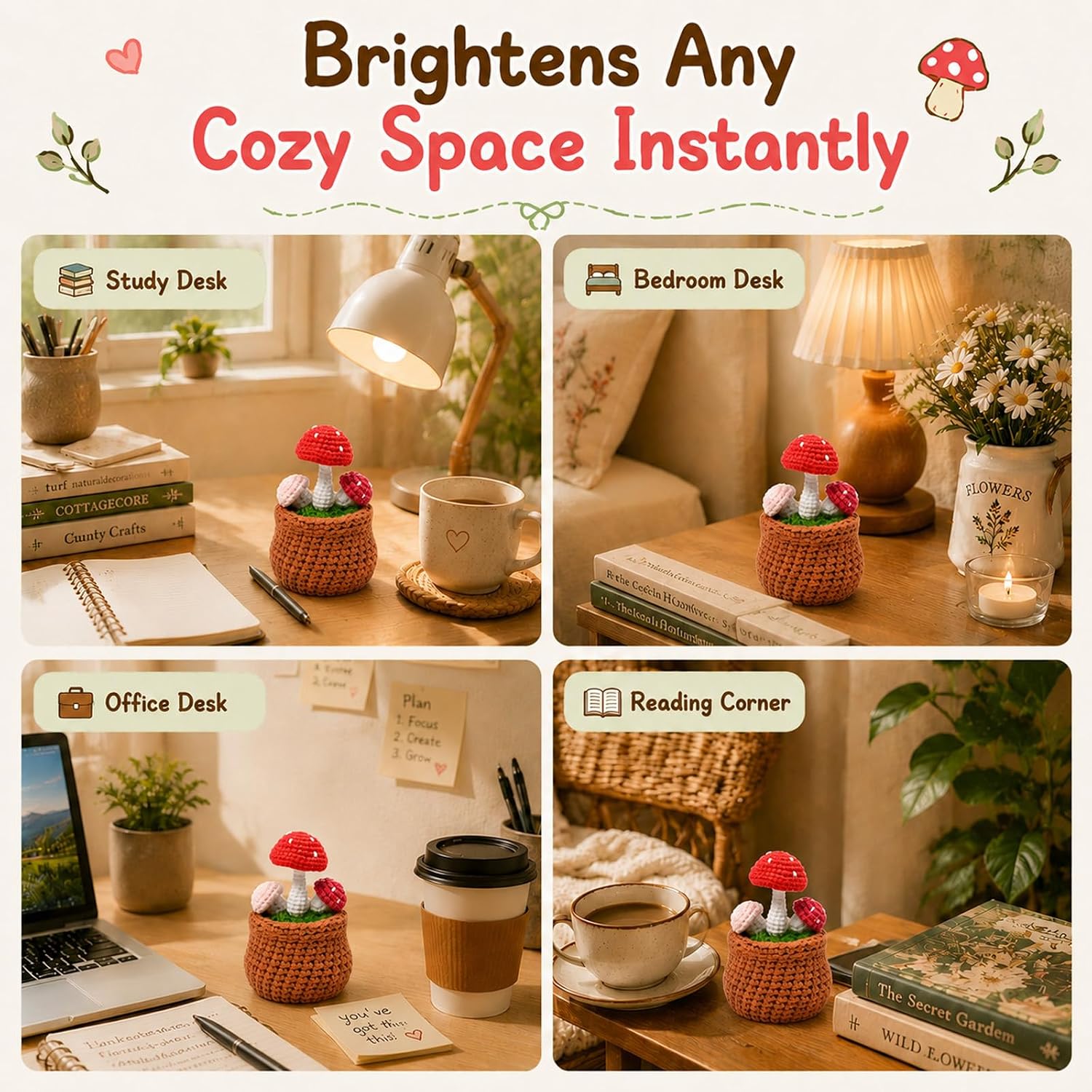 Crochet Plant in Pot / Mushroom / Pink