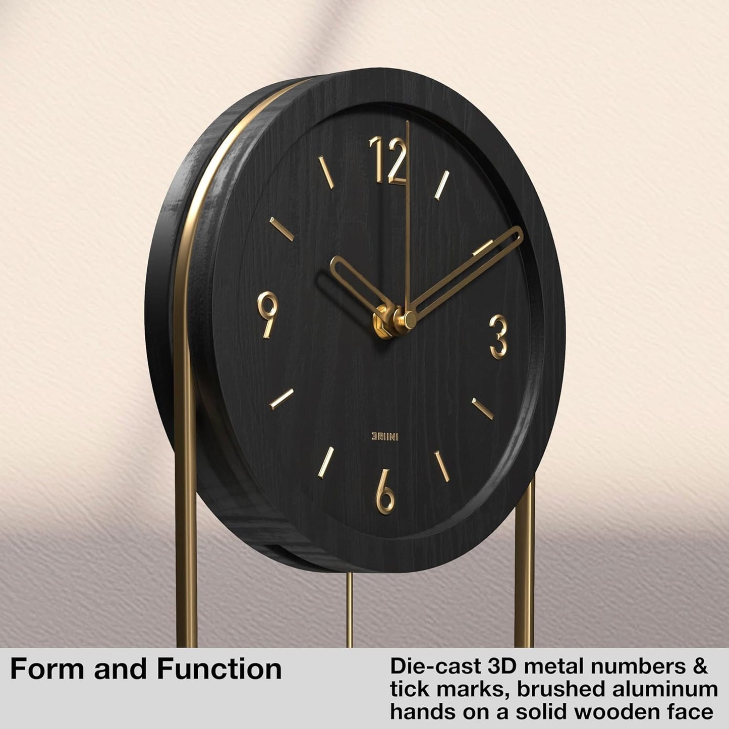 Driini Decorative Wall Clock with Pendulum (Black) – Modern Wood, 3D Gold Numbers, Metal Frame – Small, Unique Wall