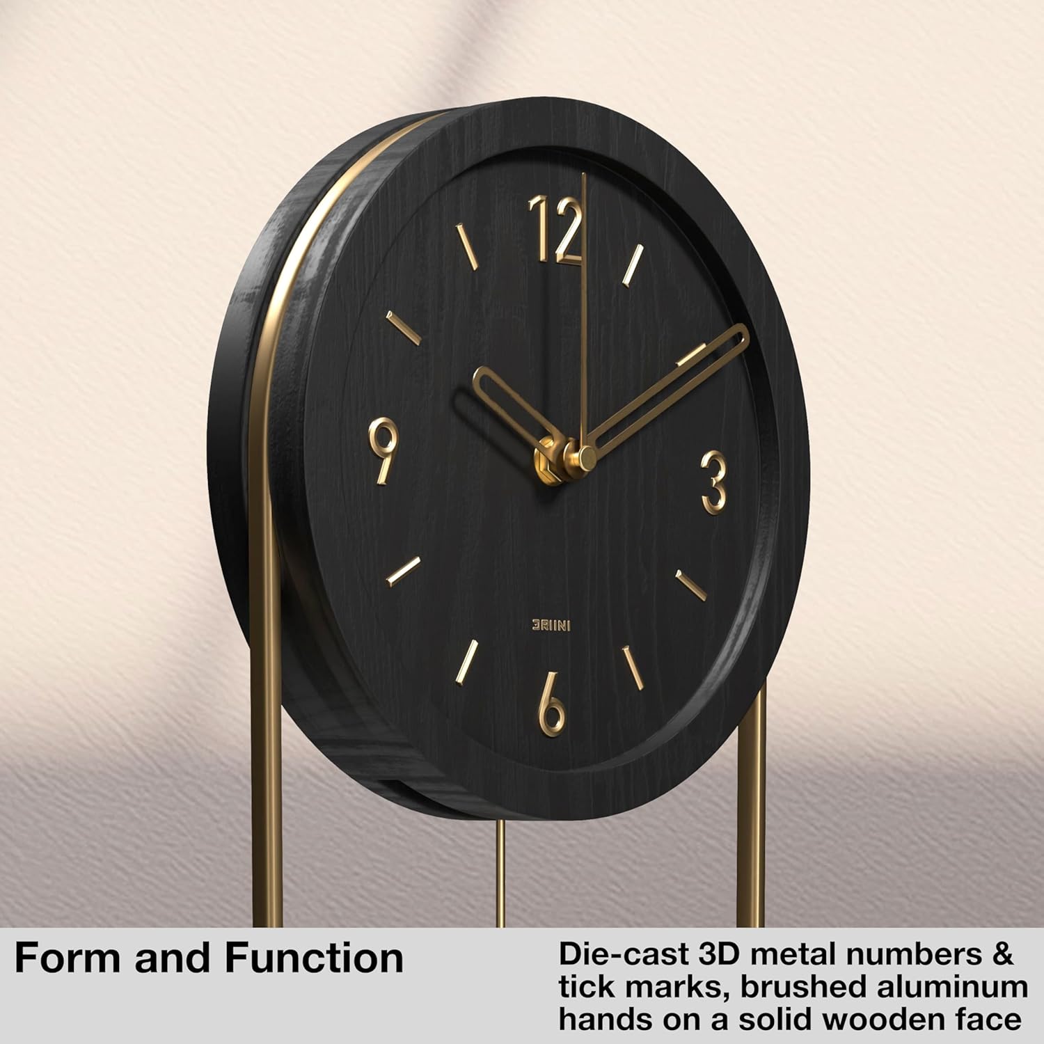 Driini Decorative Wall Clock with Pendulum (Black) – Modern Wood, 3D Gold Numbers, Metal Frame – Small, Unique Wall