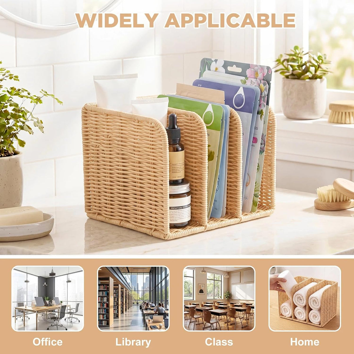 Novabright Synthetic Rattan File Magazine Holder Desk Organizer, 3 Vertical Compartments Workspace Sorters for