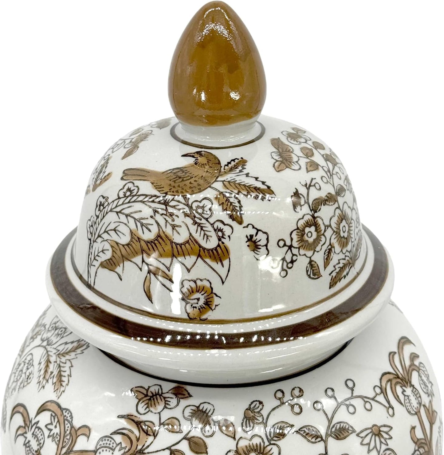 Brown & White Parrot Floral Chinoiserie Ceramic Temple Jar 18" w/Lid / Brown Parrot