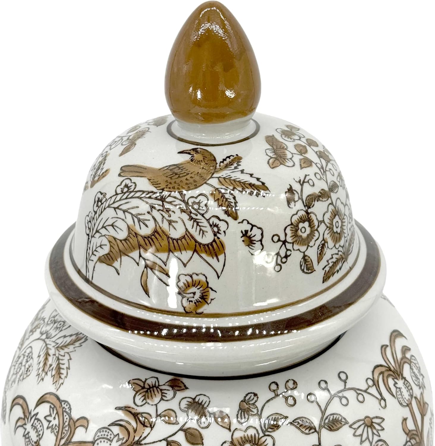 Brown & White Parrot Floral Chinoiserie Ceramic Temple Jar 18" w/Lid / Brown Parrot