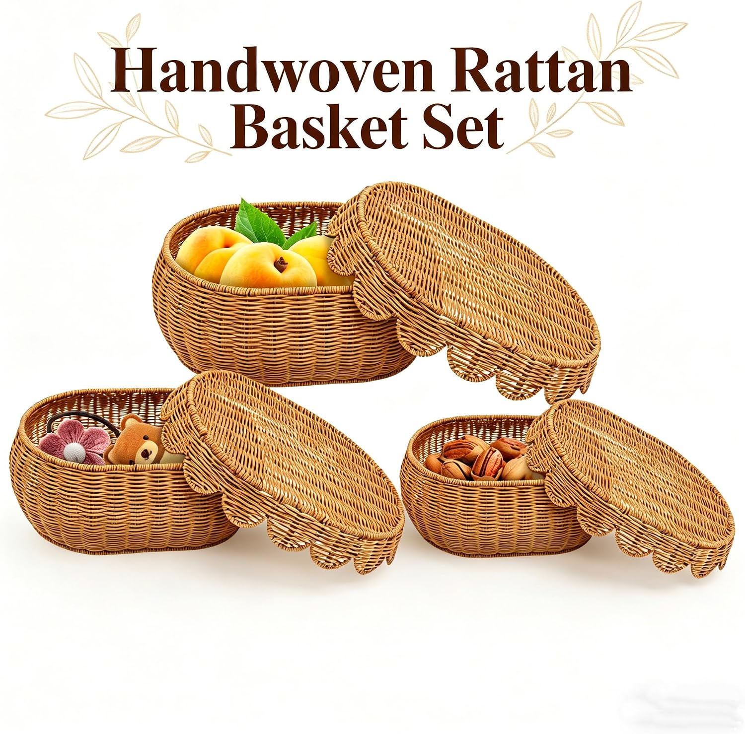 Scalloped Edge Baskets / Medium, Large, Small / Oval / Set of 3