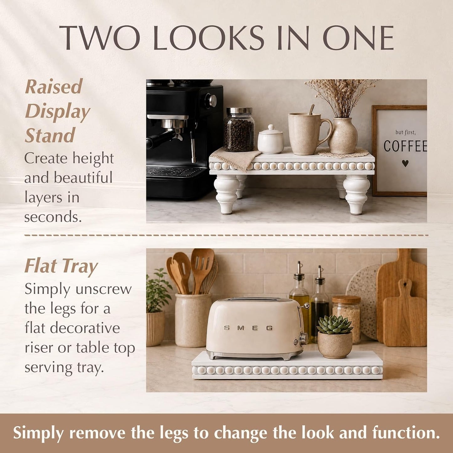 Farmhouse Beaded Riser Stand for Decor / Rustic White