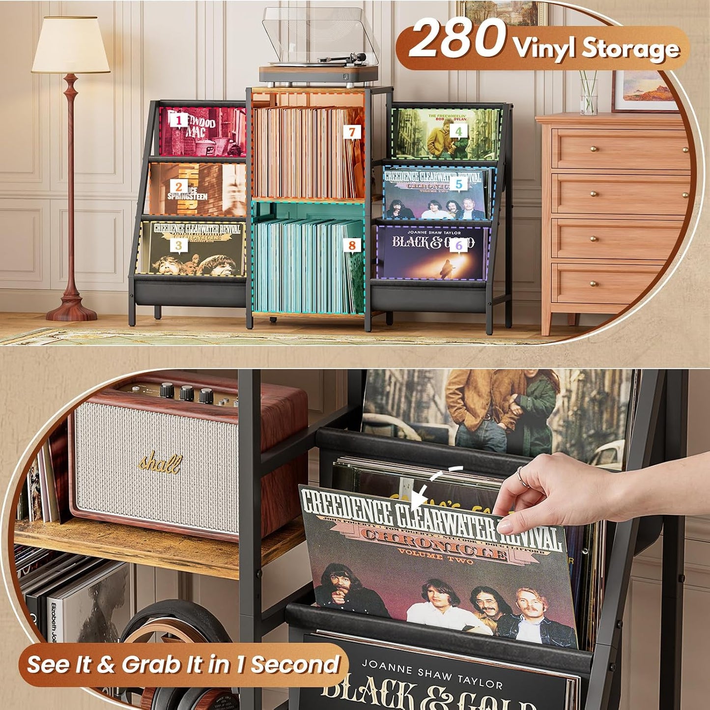 Record Player Stand with Vinyl Storage, Record Player Table with Vinyl Record Storage Up to 280 Albums, Turnta ble
