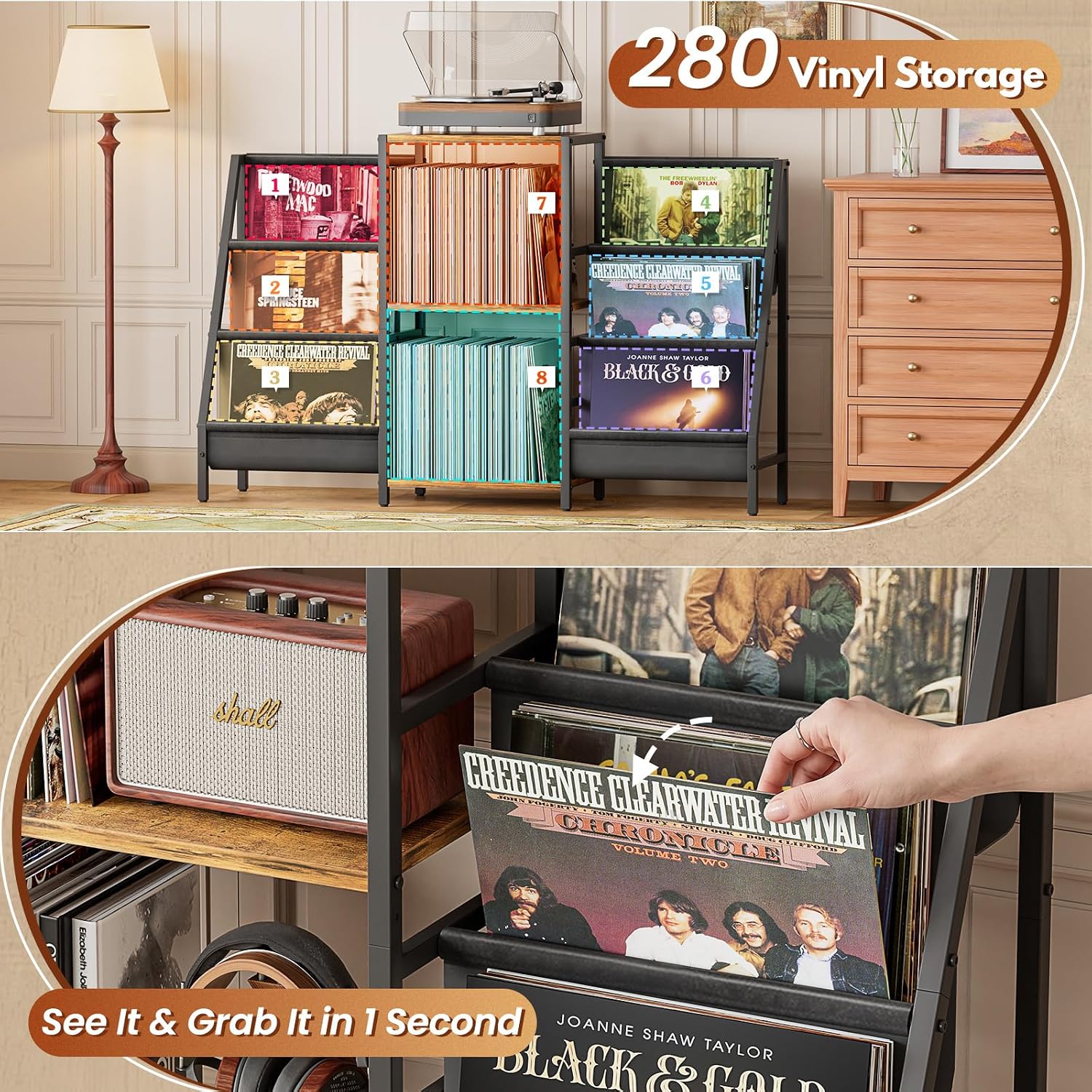 Record Player Stand with Vinyl Storage, Record Player Table with Vinyl Record Storage Up to 280 Albums, Turnta ble