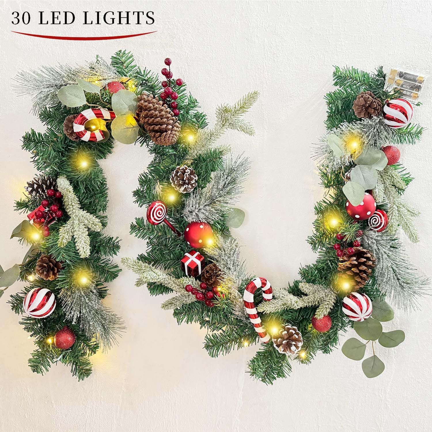 WANNA-CUL Pre-Lit 6ft Red White Christmas Garland with 30 LED Lights | Candy Cane Xmas Lighted Garland for Mantel with