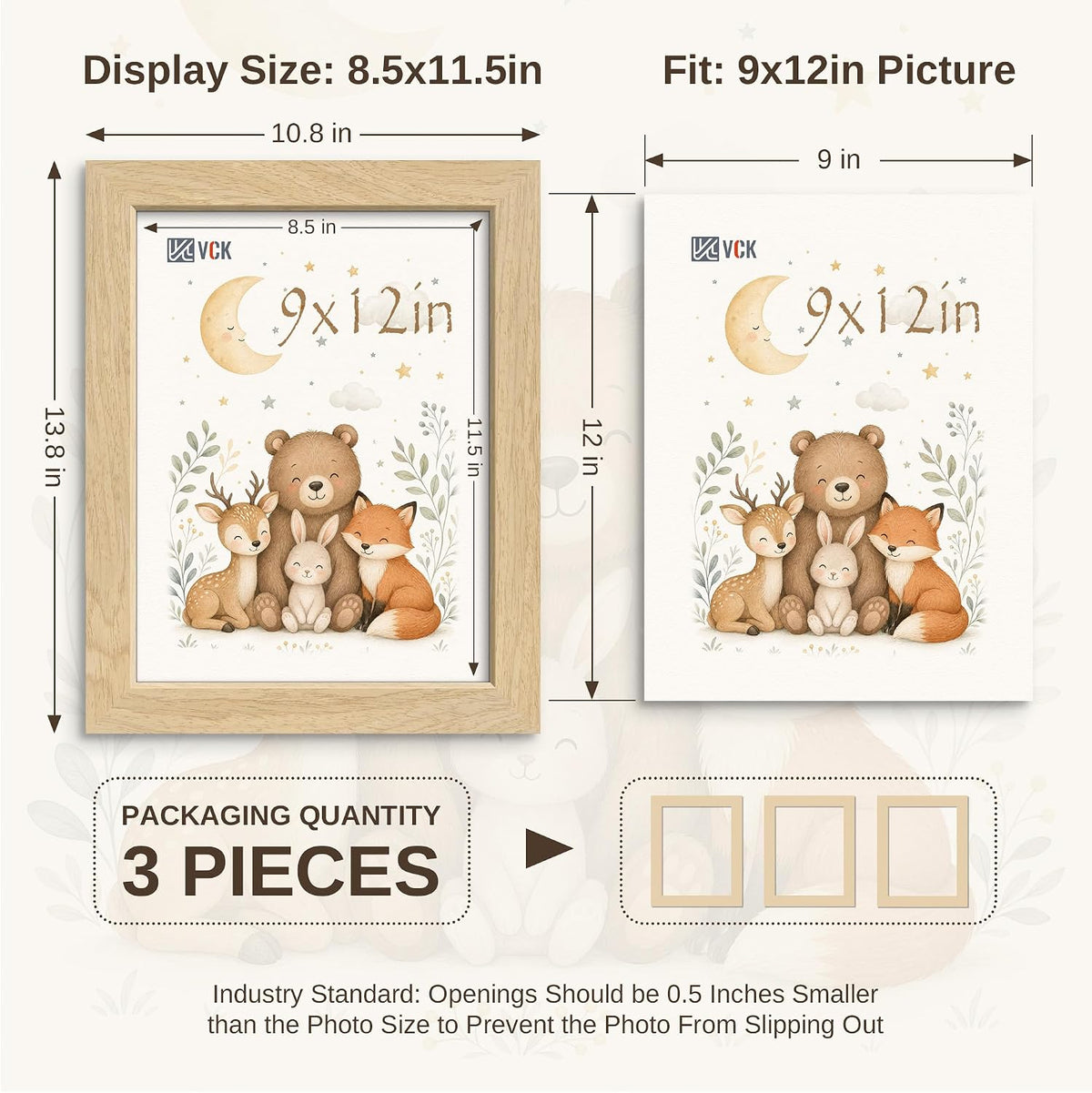 VCK 9x12 Picture Frame Set of 3, Natural Solid Wood, Wall/Tabletop Display | Wide Border, Light Woodgrain, Shatterproof
