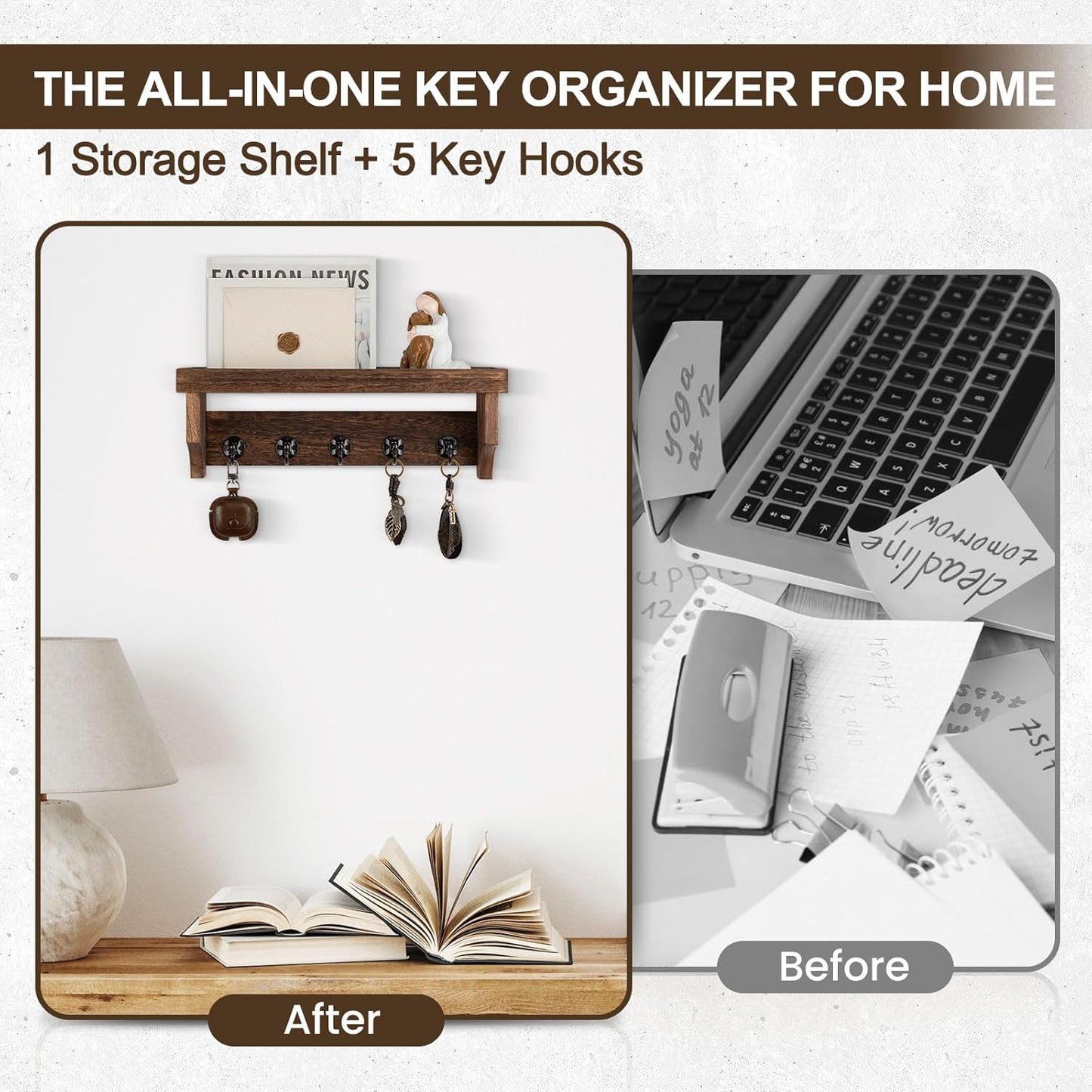 Key Holder / 5 Hooks for Coat / Brown