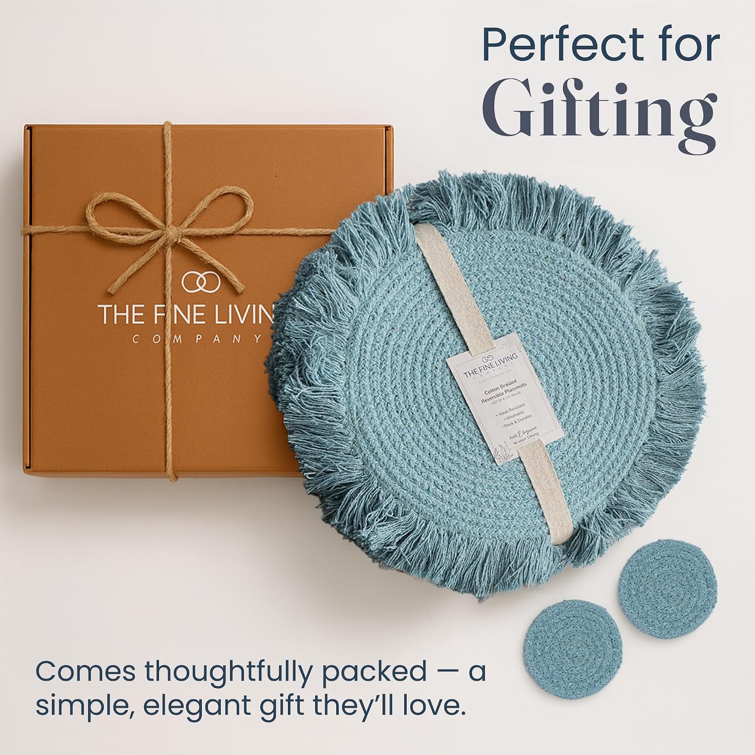 Fine Living 15" Round Placemats Set of 6 with 6-Free Coasters, Reef Blue | Washable Heat Resistant Non-Slip Braided