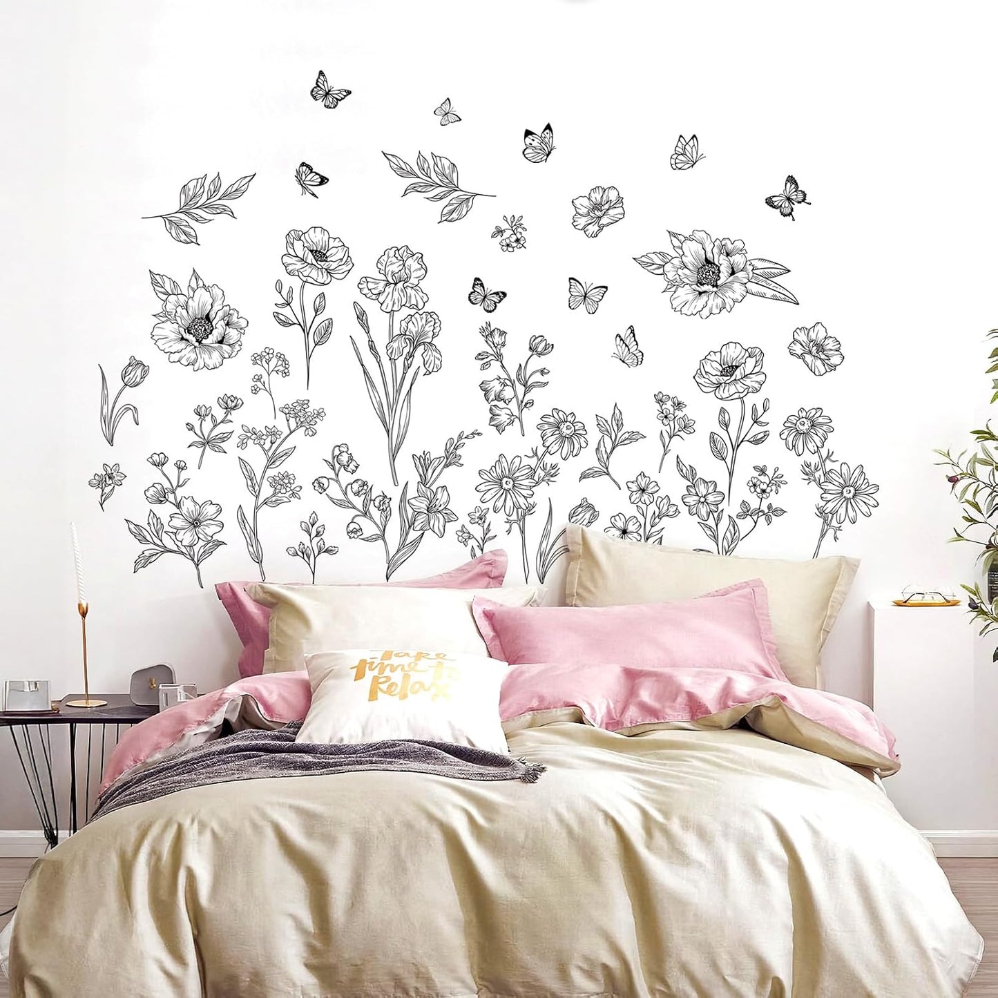 Large Boho Flower Wall Decals Wildflower Butterfly Simple Wall / Simple Sketch Flower / Black
