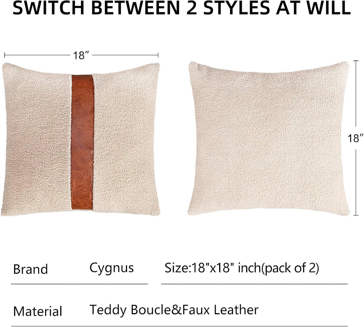 Teddy Boucle Decorative Throw Pillow Covers Faux Leather Striped / Oatmeal / 18 x 18 / Set of 2