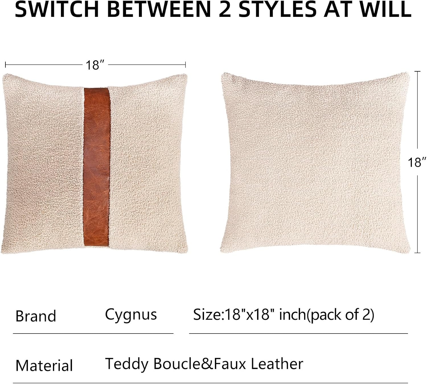 Teddy Boucle Decorative Throw Pillow Covers Faux Leather Striped / Oatmeal / 18 x 18 / Set of 2